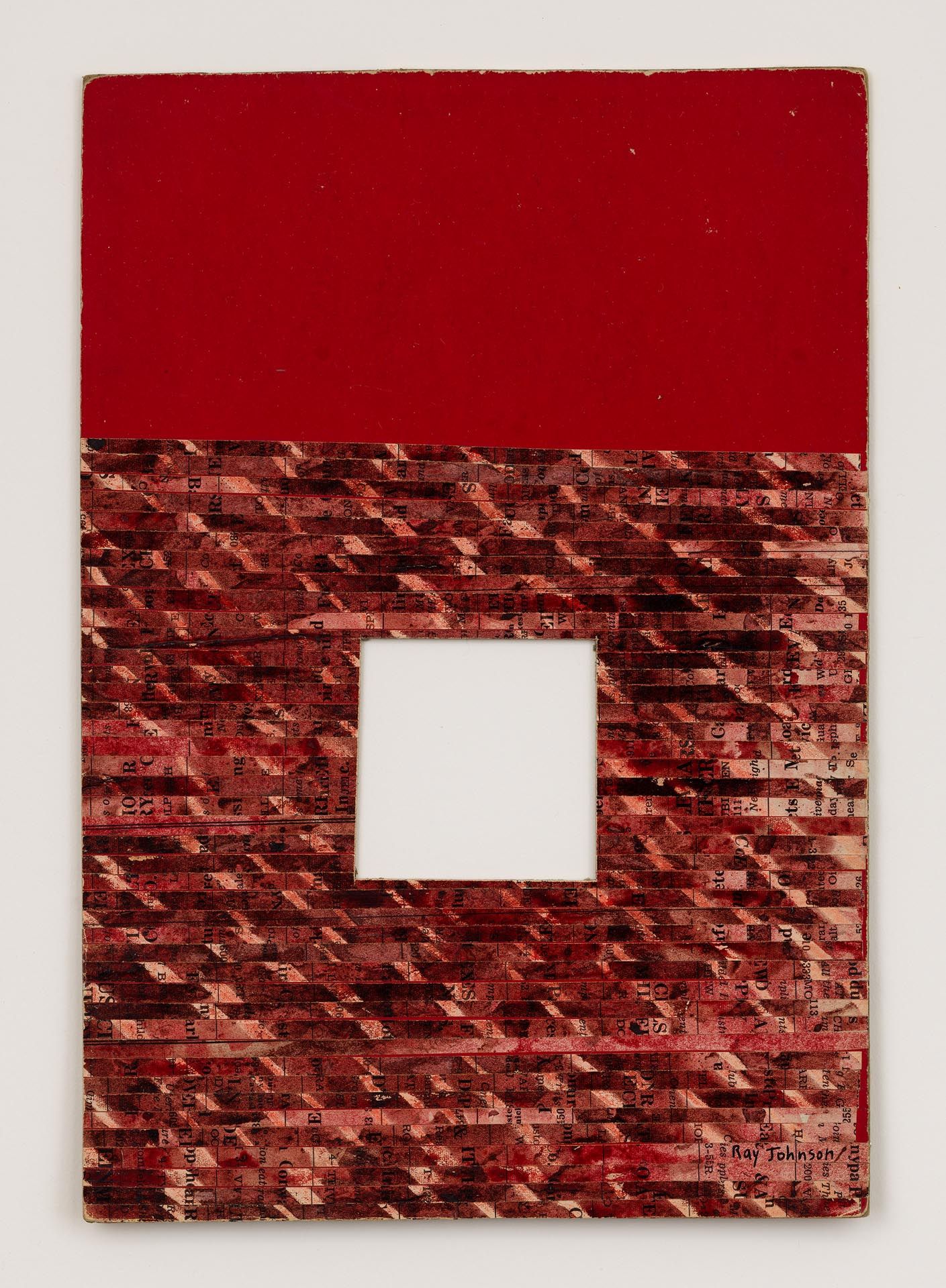 A drawing by Ray Johnson, titled Untitled (Moticos with Red Ground), dated 1958.