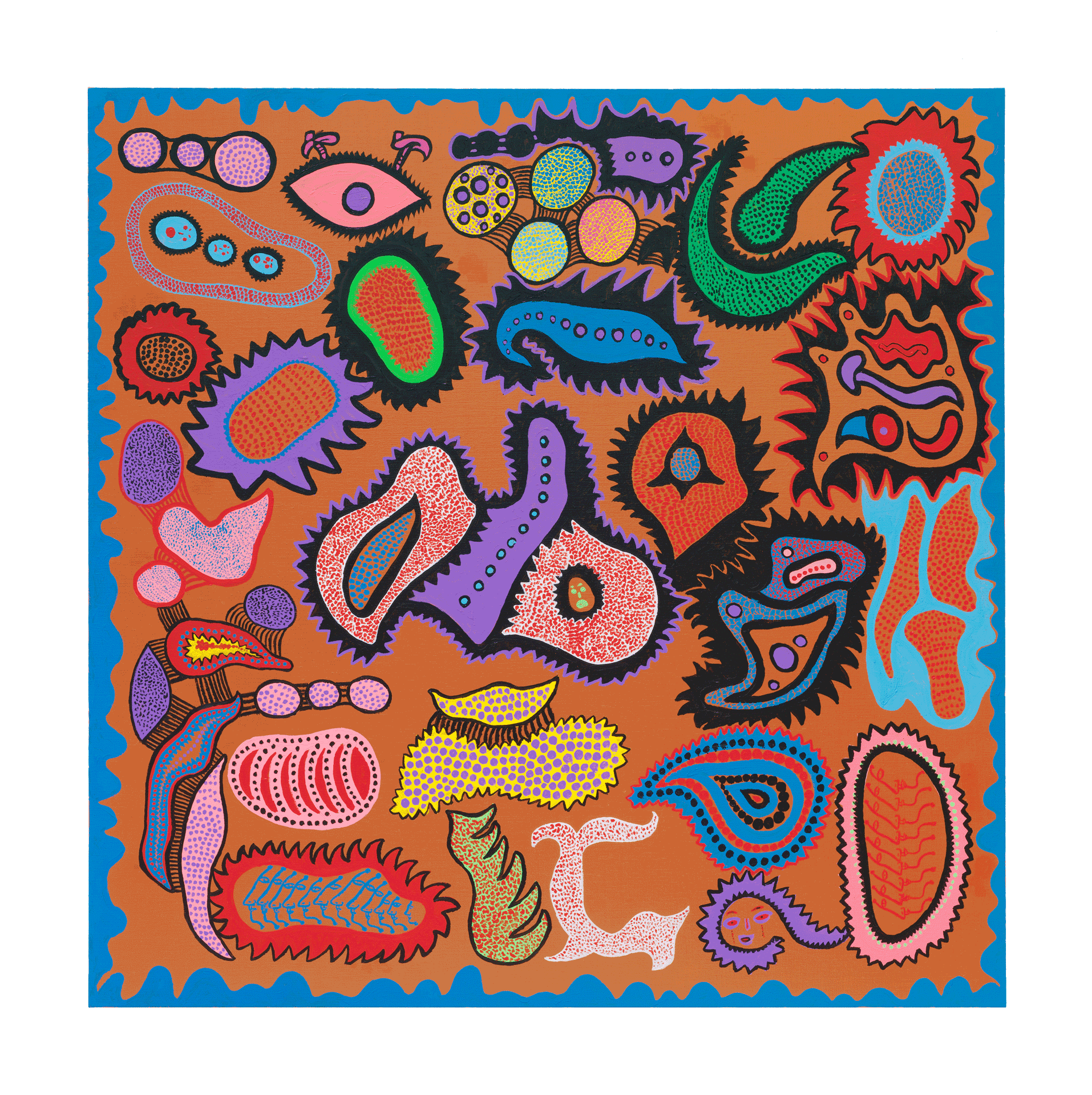 A painting by Yayoi Kusama, titled I Want To Live At The Far End of the Universe, dated 2016.