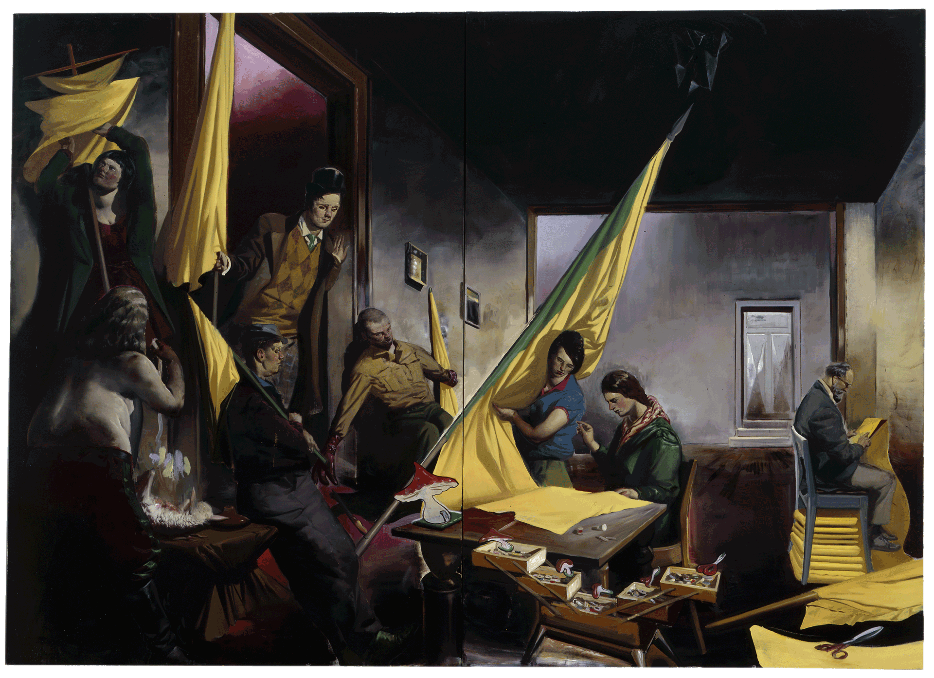 A painting by Neo Rauch, titled Die Stickerin, dated 2008.