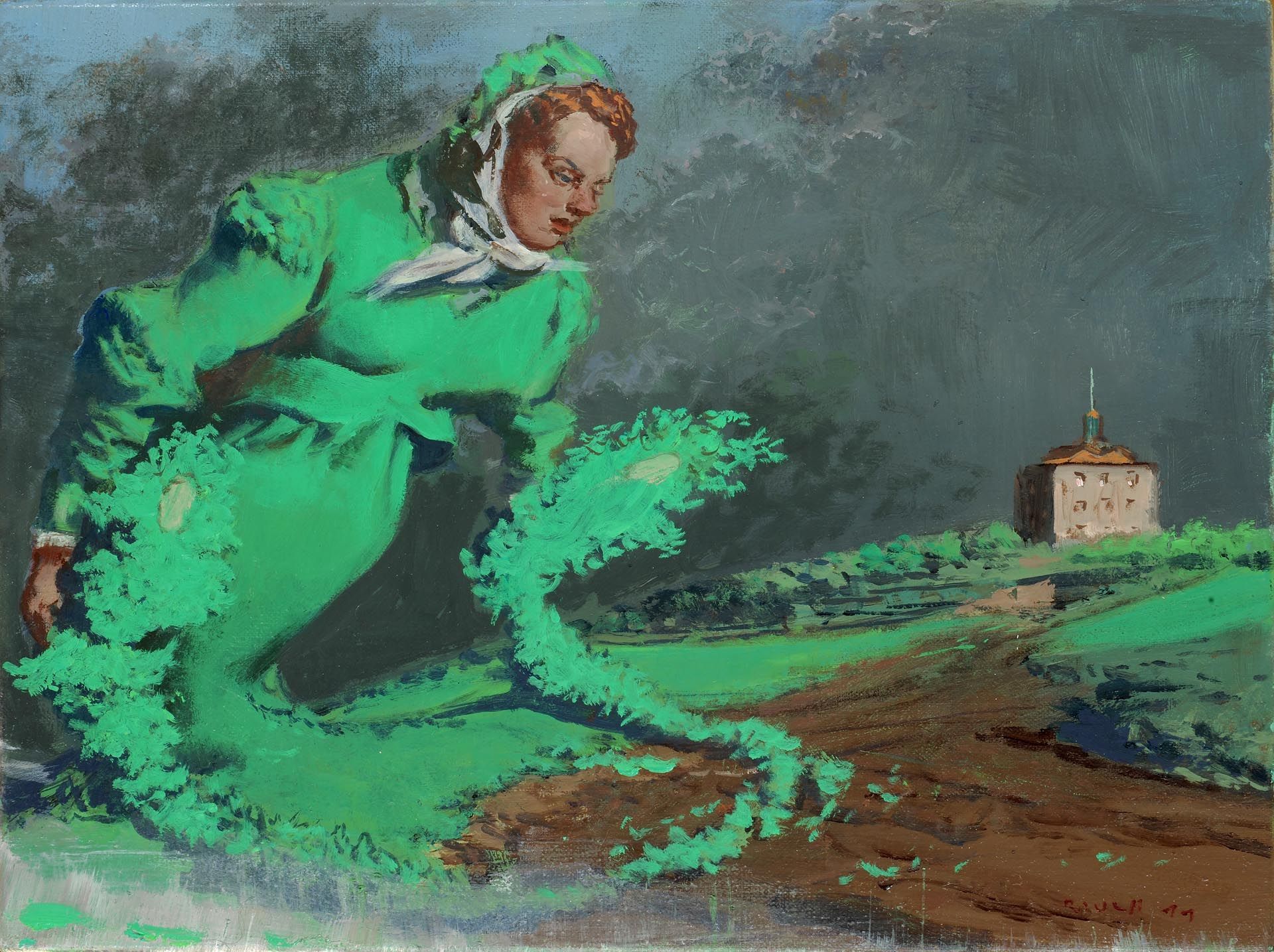 A painting by Neo Rauch, titled Die Warte, dated 2011.