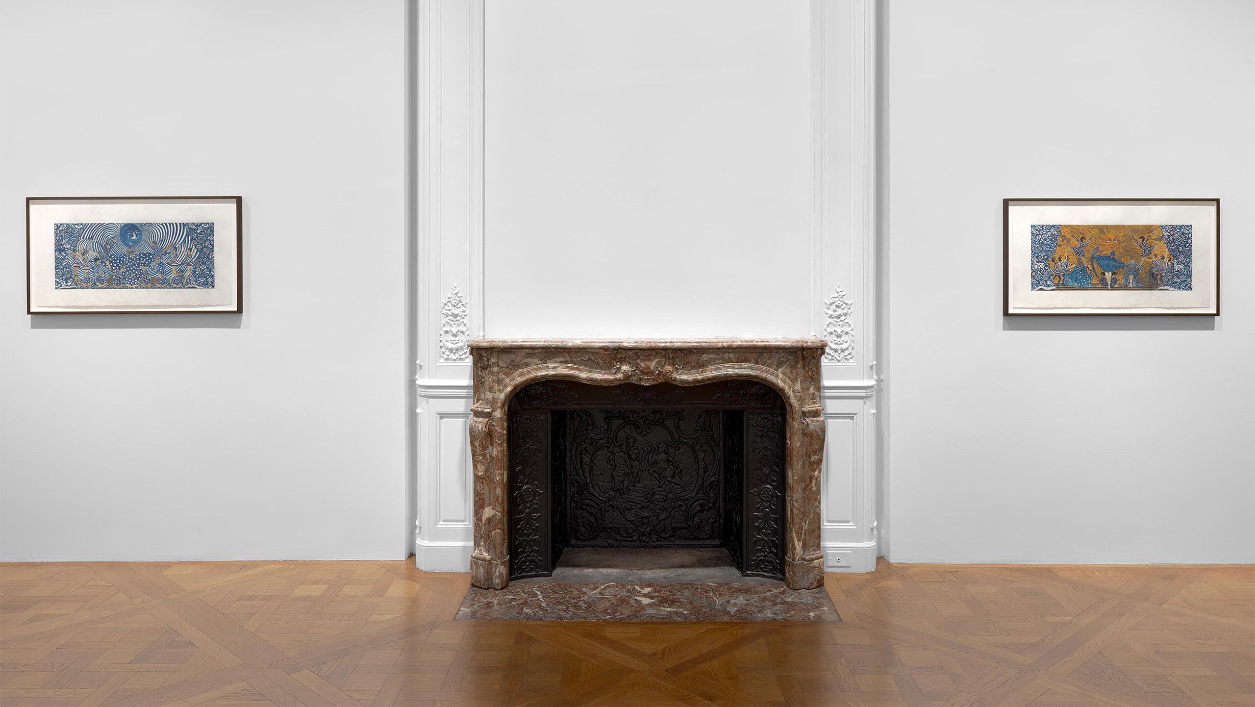 Install view of Who Loves the Sun, two paintings placed above a fireplace