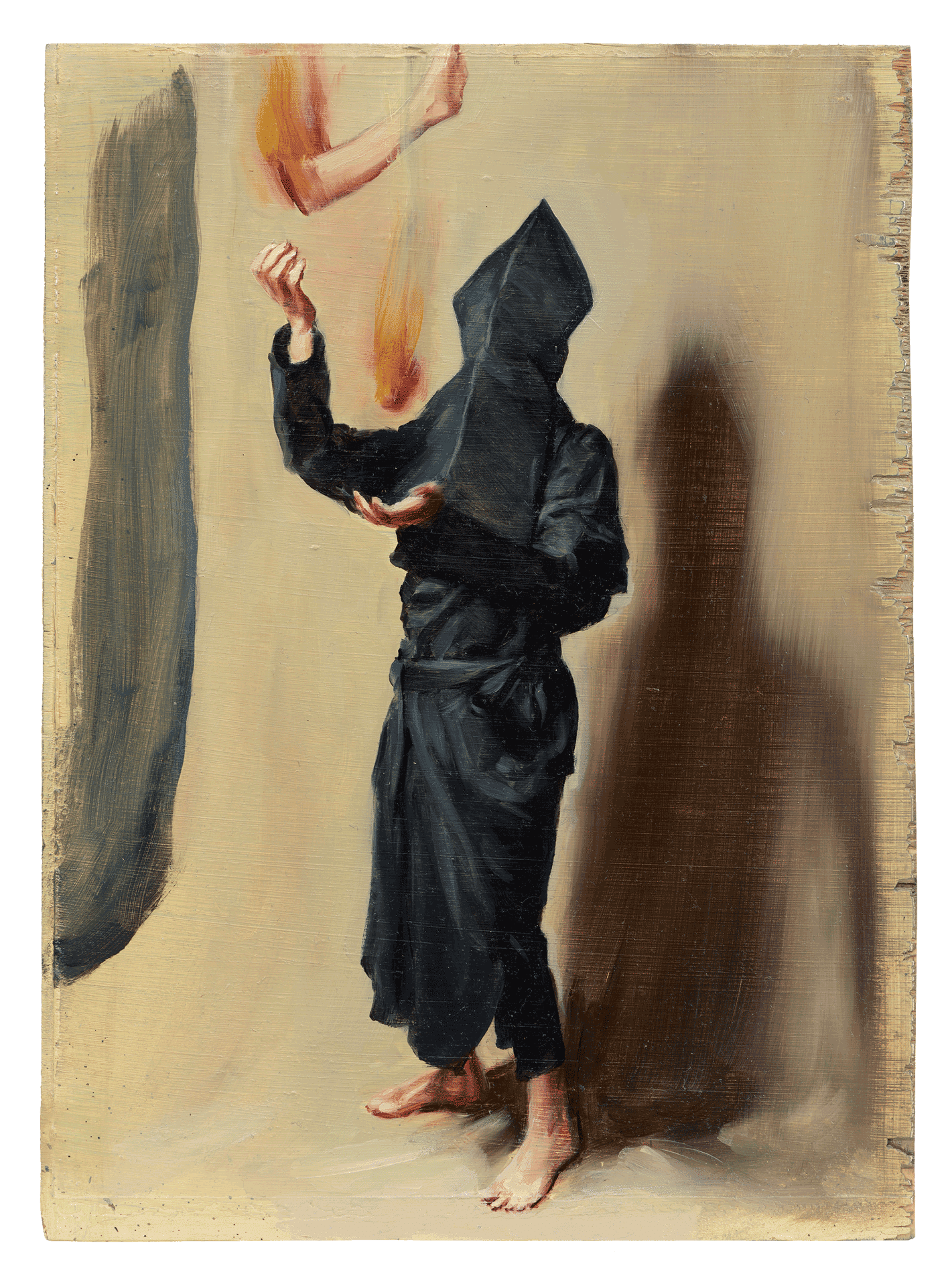 A painting by Michael Borremans, titled Black Mould / Juggling with Fiery Limbs II, dated 2015.