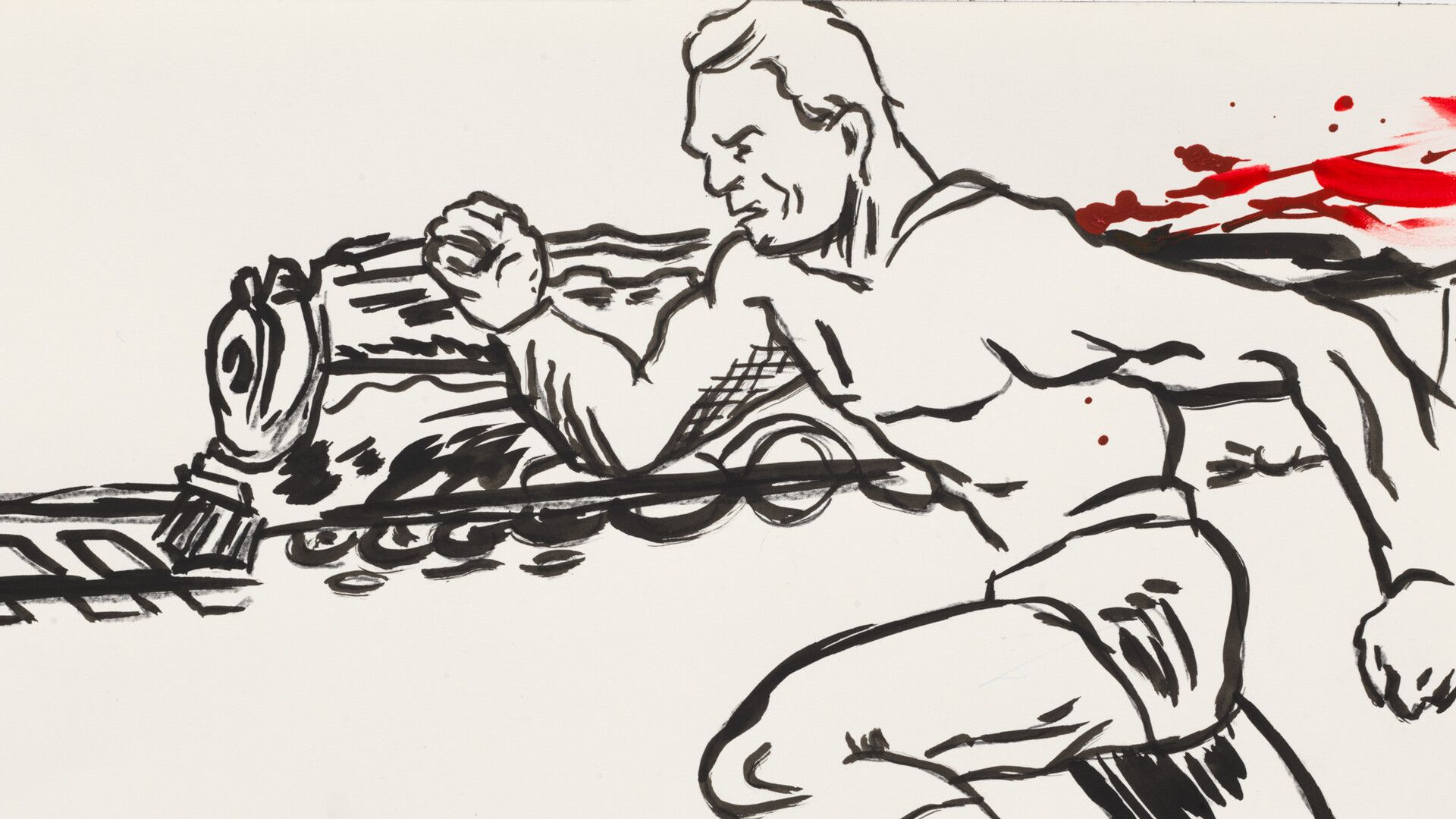 An ink and colored pencil drawing on paper by Raymond Pettibon, titled No Title (Faster than a...), dated 2020.