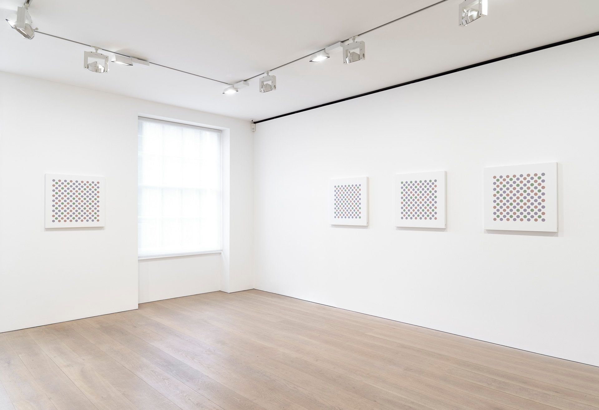 Installation view of the exhibition Bridget Riley: Recent Paintings, at David Zwirner in New York, dated 2018.