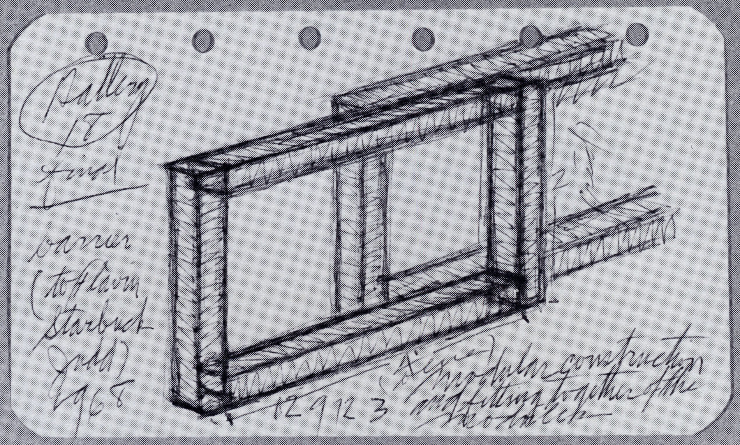 A diagram by Dan Flavin, titled a structure diagram in perspective for a pair of modular units for the barrier, dedicated “(to Flavin Starbuck Judd)” of 1968, dated 1972.