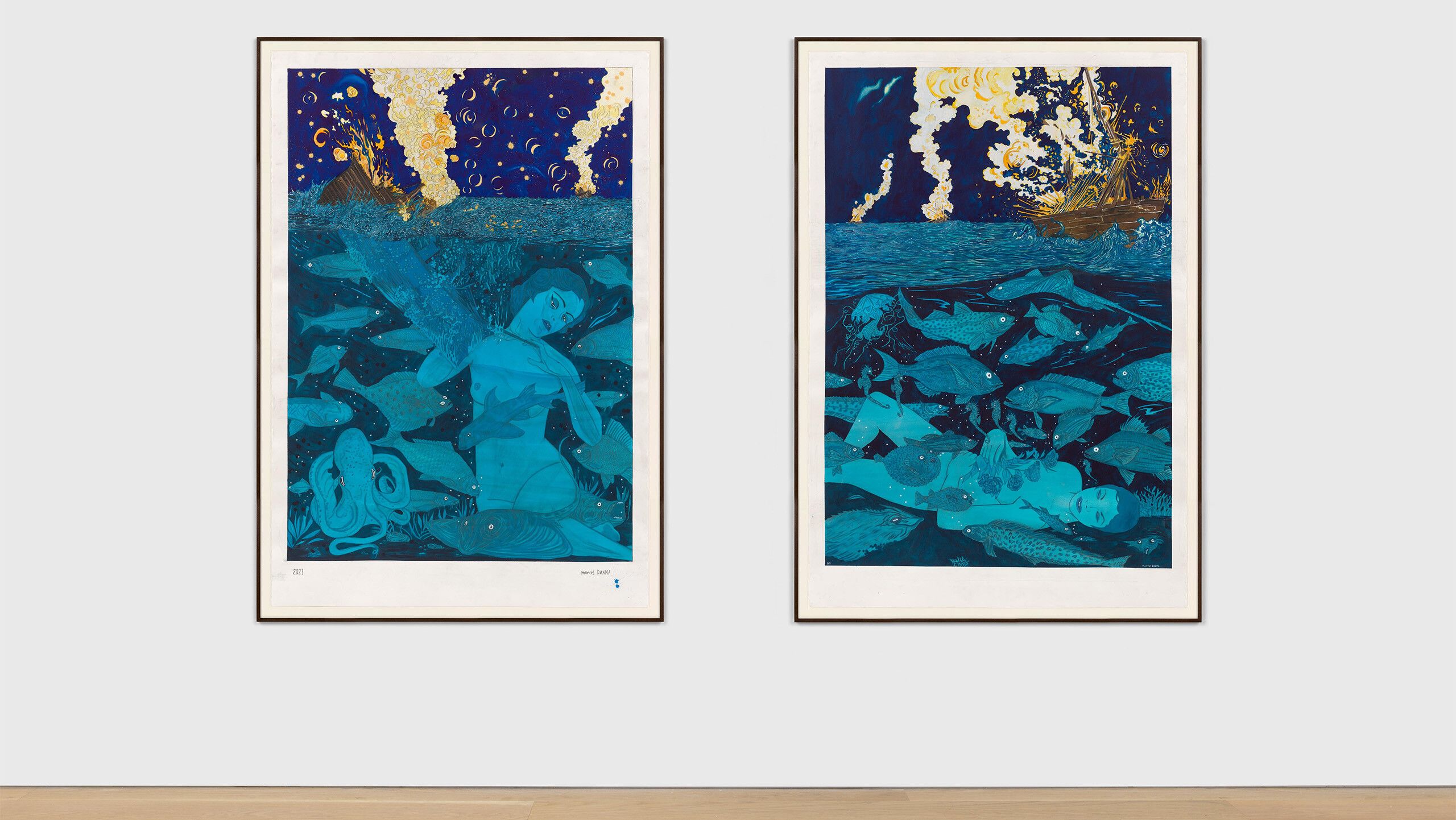The installation view of a large-format diptych by Marcel Dzama, dated 2021