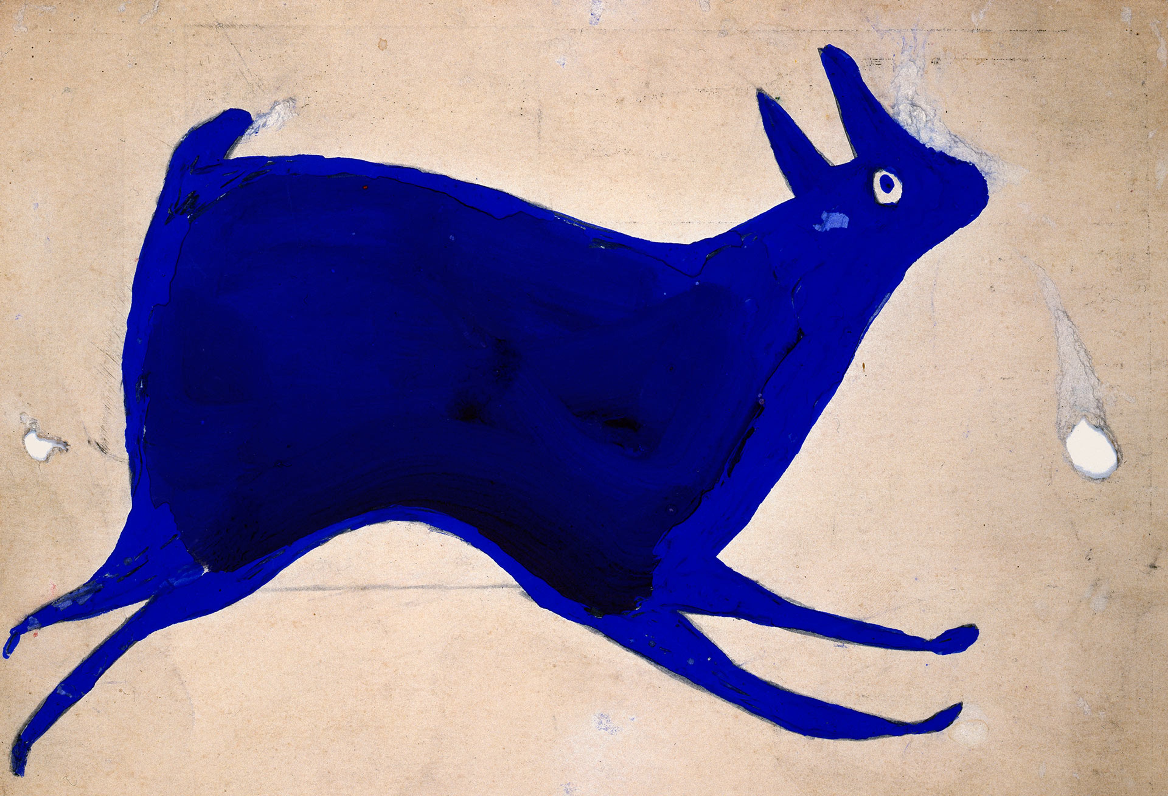 A drawing by Bill Traylor, titled Blue Rabbit Running, dated 1939-1942.