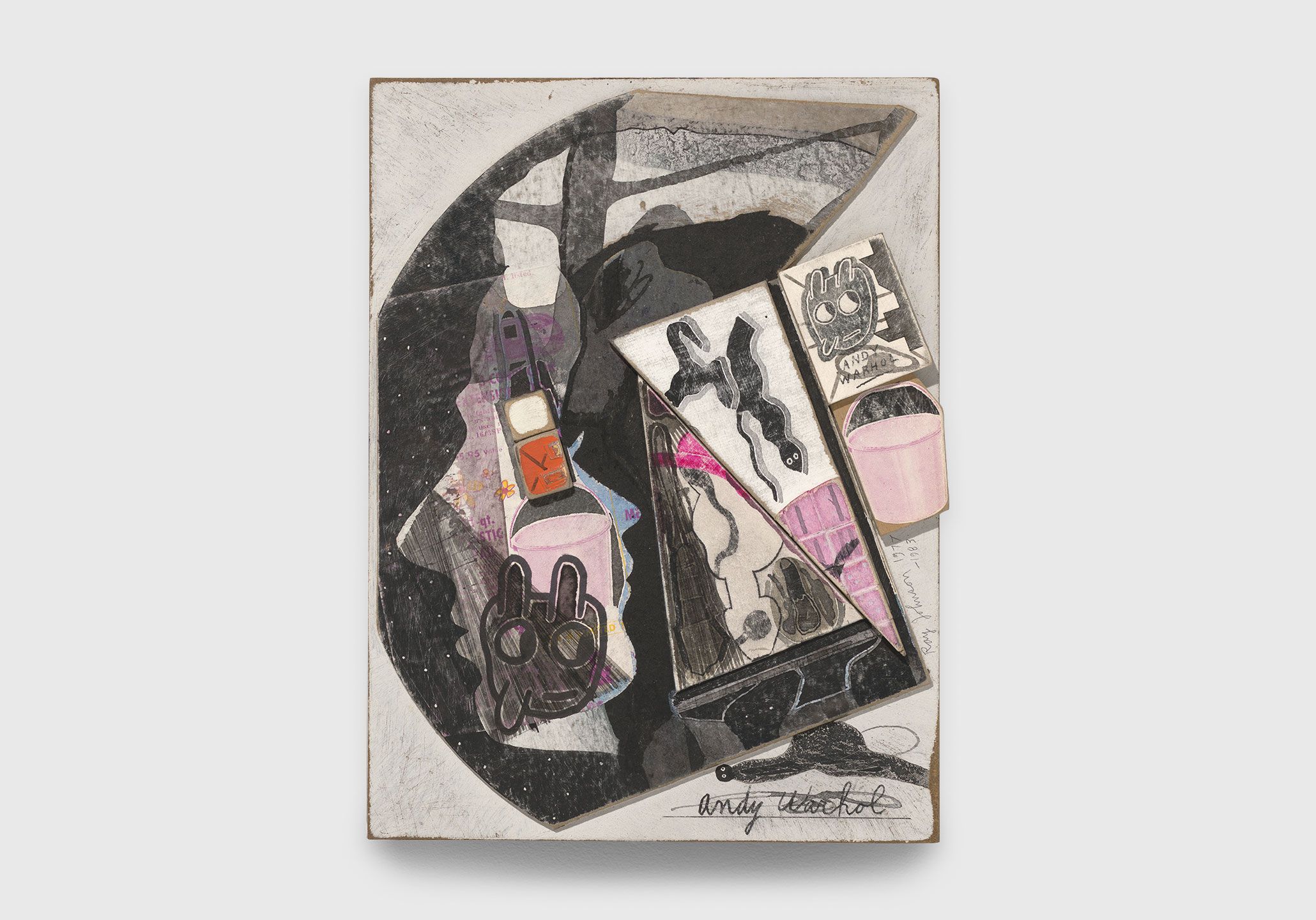 A collage on board by Ray Johnson, titled Andy Warhol with Snake (series of 5) , dated 1977, 1983.