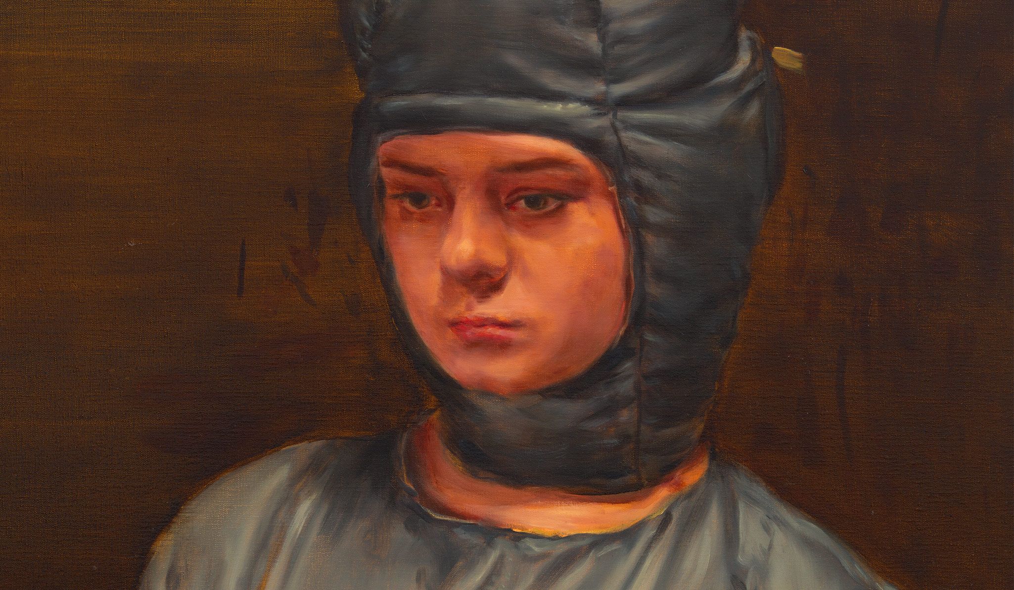 A detail of a painting by Michaël Borremans titled The Pilot, dated 2021