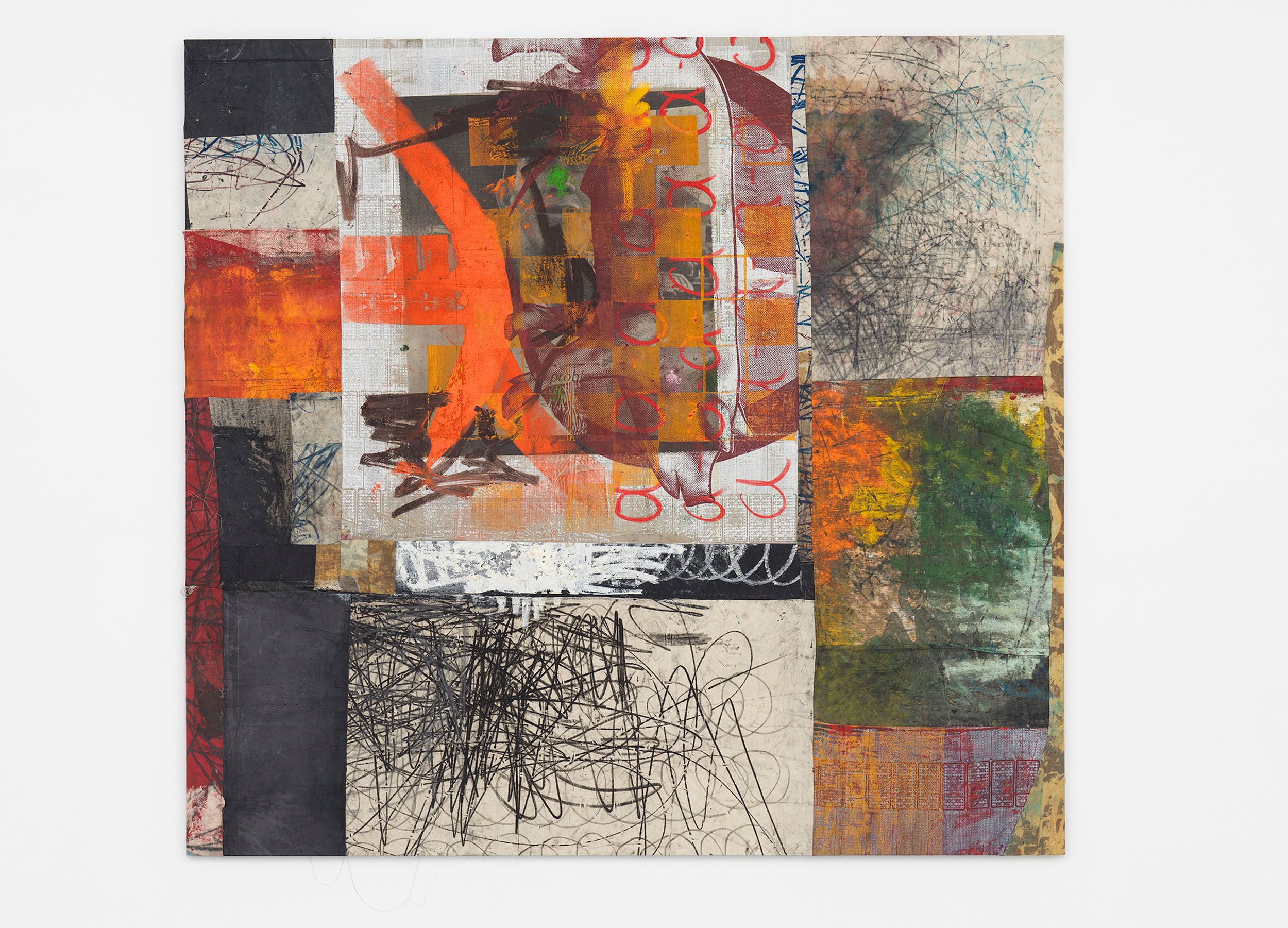 A painting by Oscar Murillo, titled pig, ramon, grid, a a a..., date 2014 to 2016.