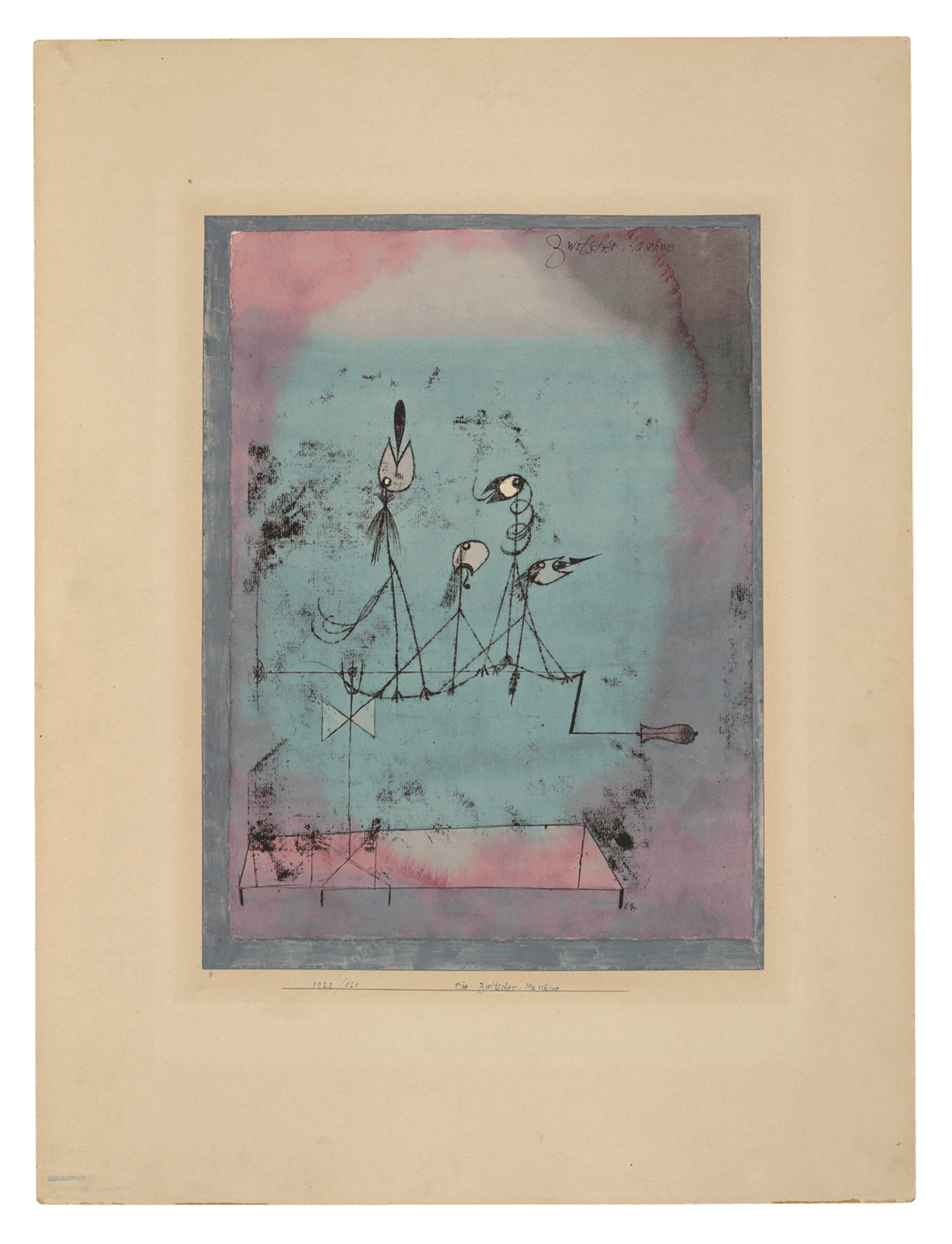 A mixed media work by Paul Klee, titled Twittering Machine (Die Zwitzcher-Maschine), dated 1922.