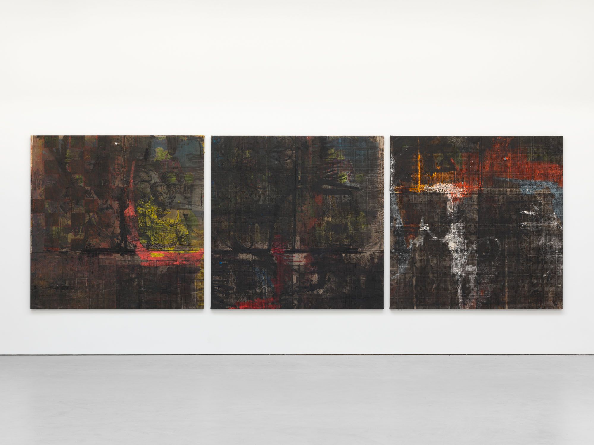 An installation view of the exhibition Oscar Murillo: through patches or corn, wheat and mud, at David Zwirner New York, date 2016..