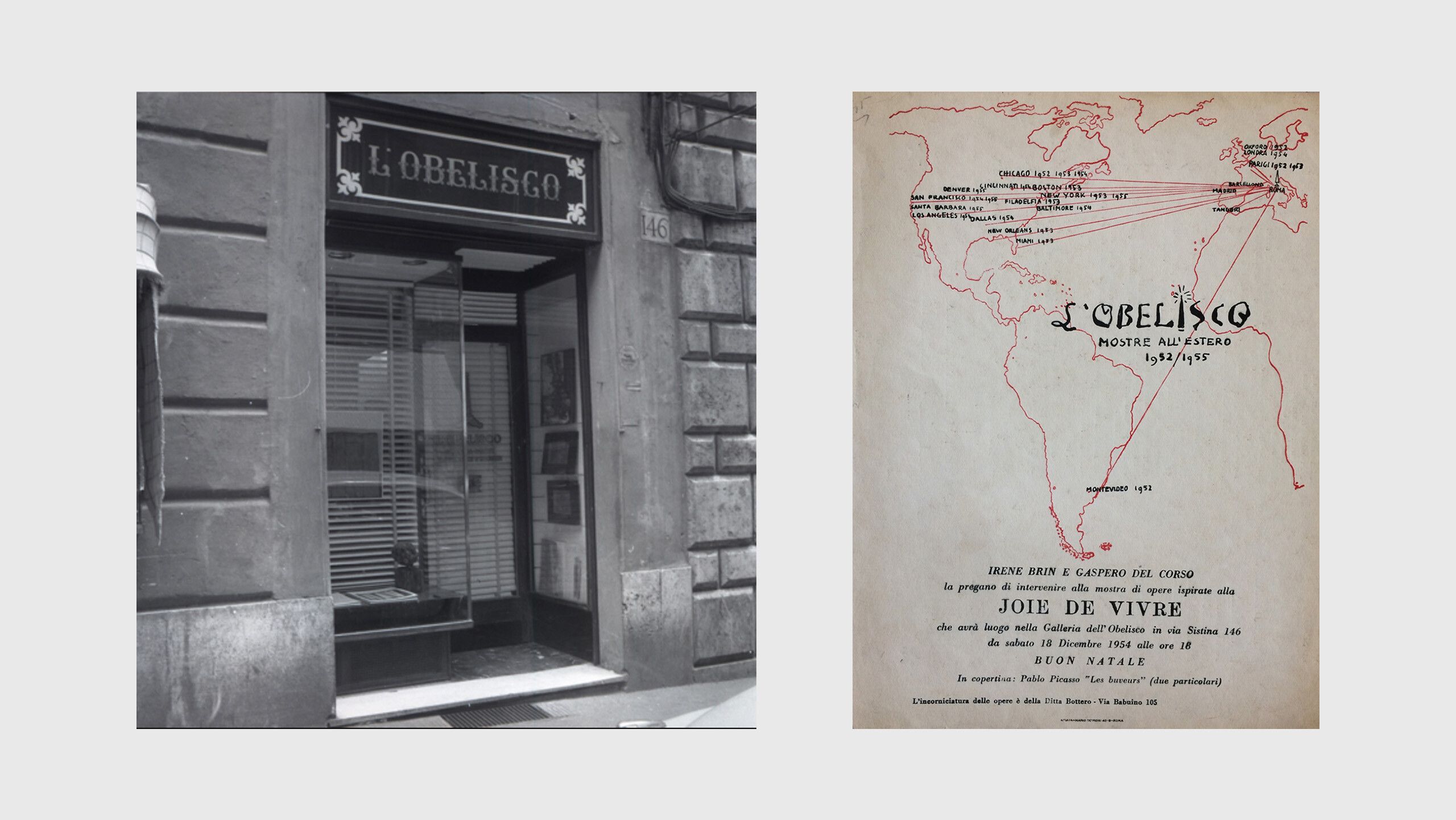 A photo of Galleria dell’Obelisco (left); an exhibition leaflet for Joie de vivre, at L’Obelisco in Rome, dated 1954 (right)