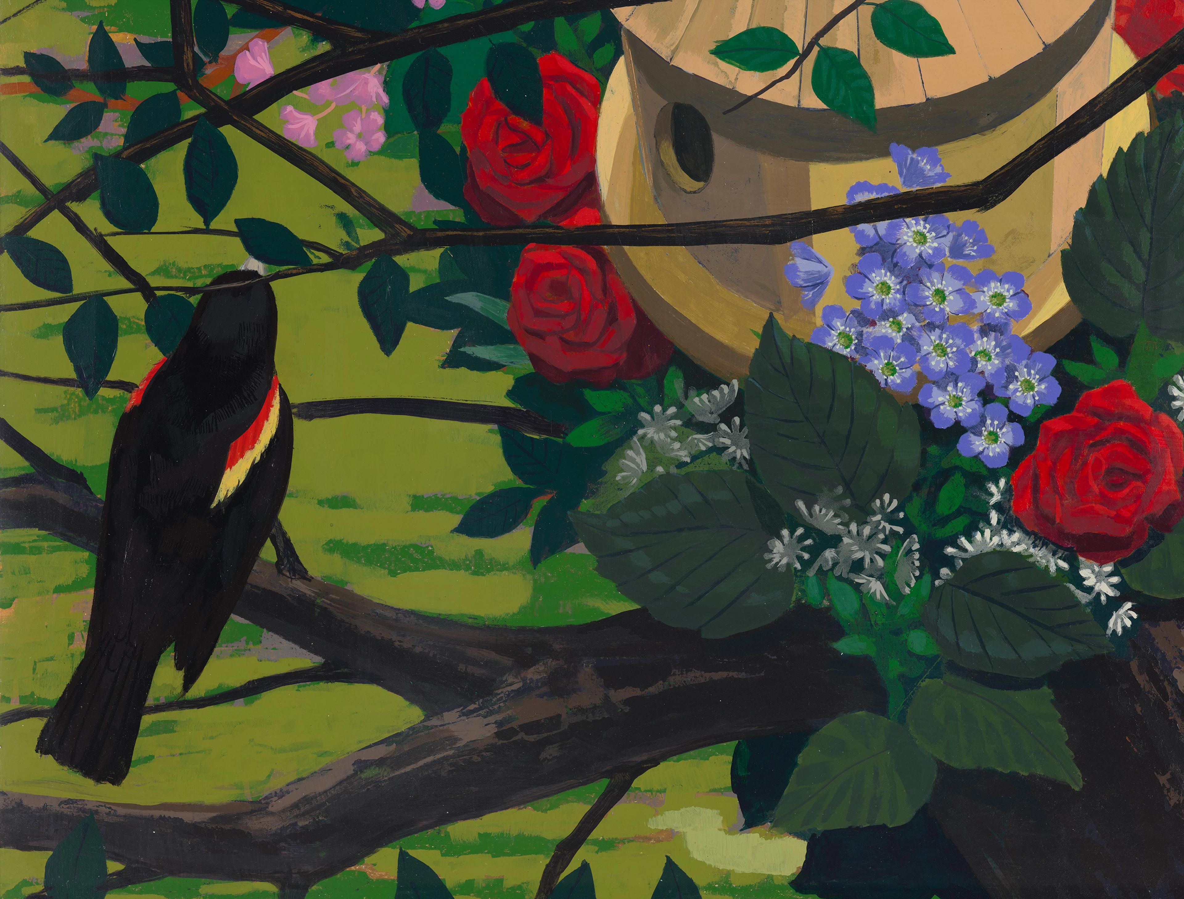 A detail of a painting by Kerry James Marshall, titled Black and part Black Birds in America (Red wing Blackbirds, Yellow Bellied Sapsucker, Scarlet Tanager) , dated 2021.