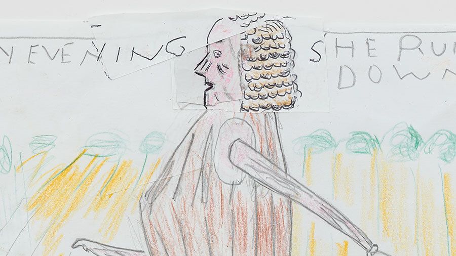 A detail of She Runs Down the Hill like an Assyrian Dancer by Rose Wylie dated 2021