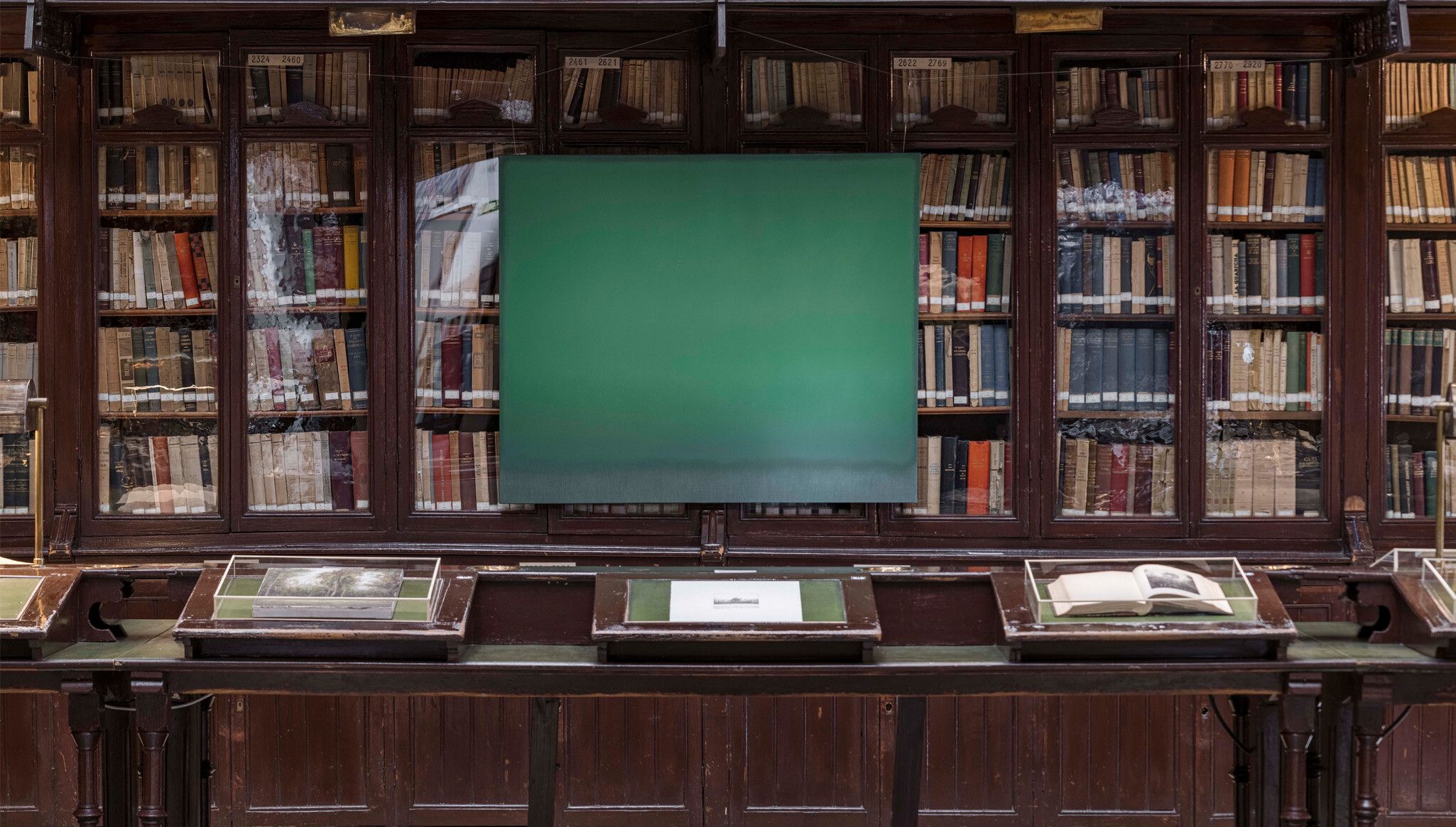 Installation view, Lucas Arruda: Assum Preto, Fundación Sandretto Re Rebaudengo Madrid at Biblioteca del Ateneo de Madrid, 2023. Photo by Miguel de Guzmán and Rocío Romero