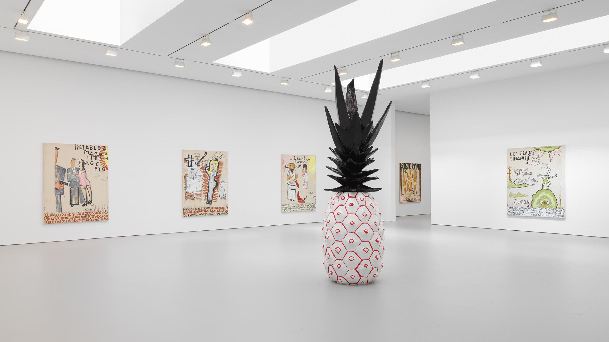 An installation view of an exhibition title Rose Wylie: Which One at David Zwirner, New York, in 2021.