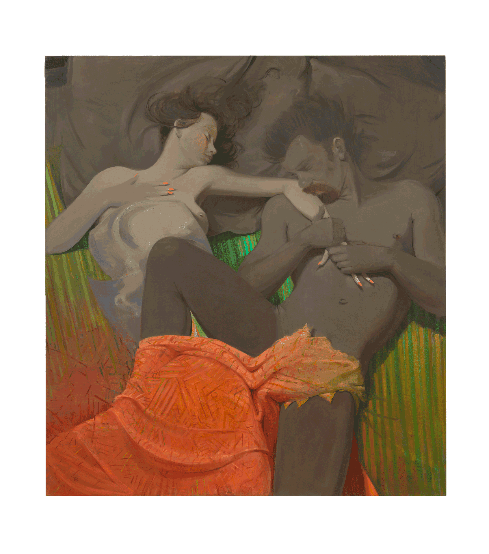 A painting by Lisa Yuskavage, titled Couple in Bed, dated 2017.