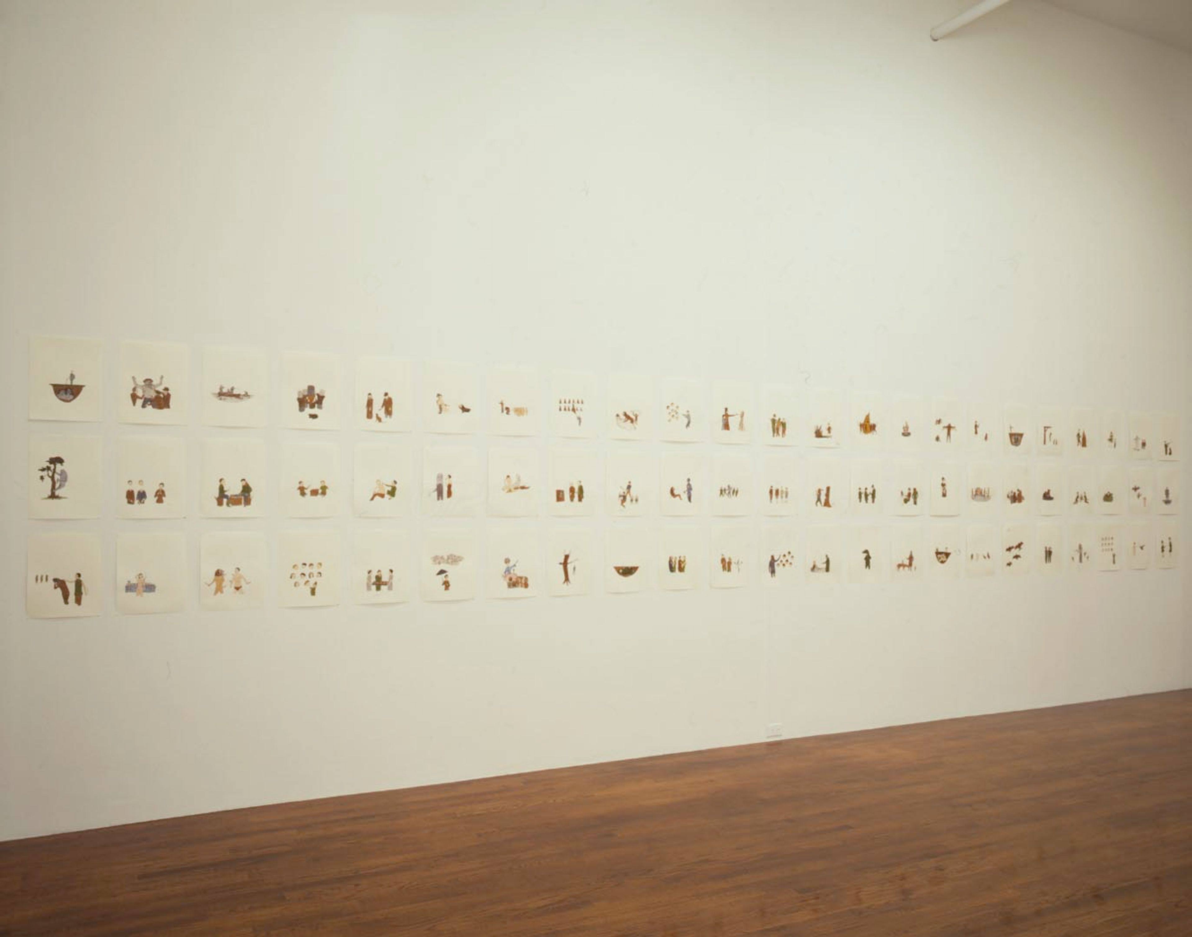 An installation view of the exhibition Marcel Dzama: Drawings, at David Zwirner New York, dated 2000.