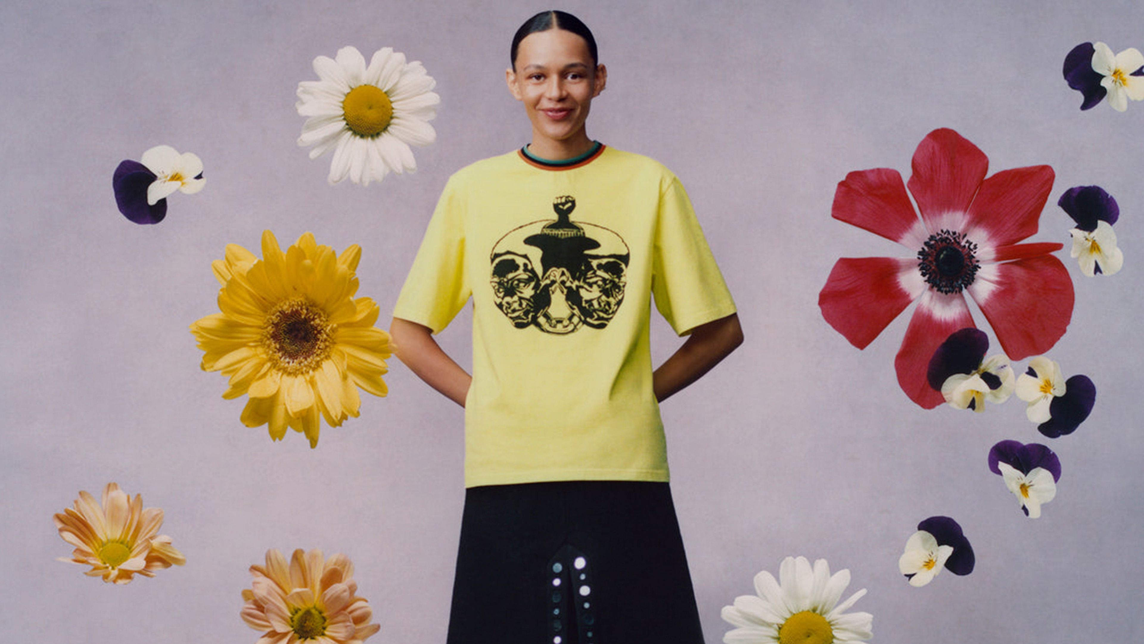 A detail of a photograph by Tyler Mitchell of Wales Bonner and Kerry James Marshall’s limited edition capsule collection, featuring a T-shirt with an original artwork by Marshall created for the collaboration, dated 2022.