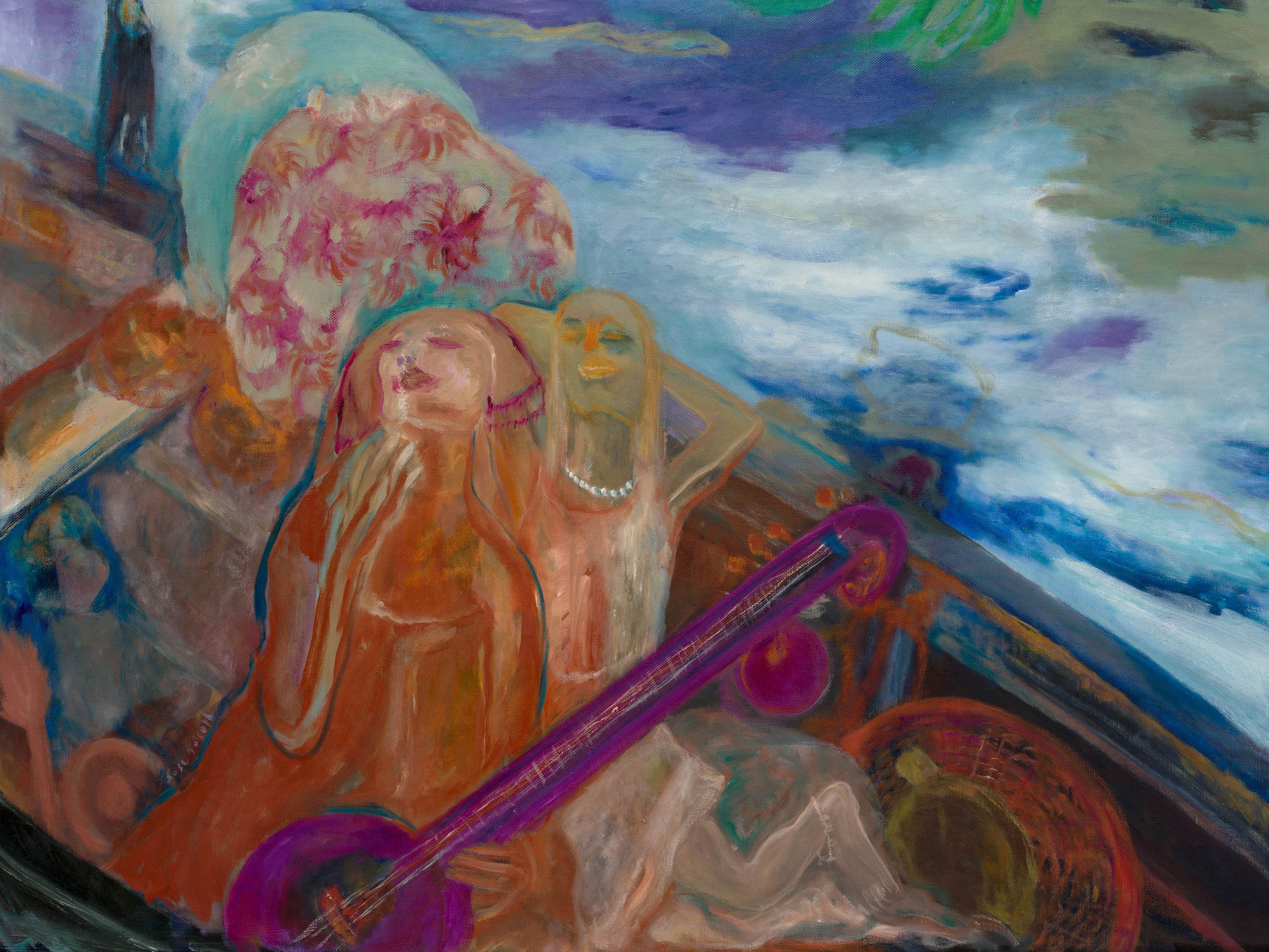 A detail from a painting by Sosa Joseph, titled Amma wants to finish singing before the flood drowns her, dated 2024 to 2025.A painting by Sosa Joseph, titled Amma wants to finish singing before the flood drowns her, dated 2024 to 2025.