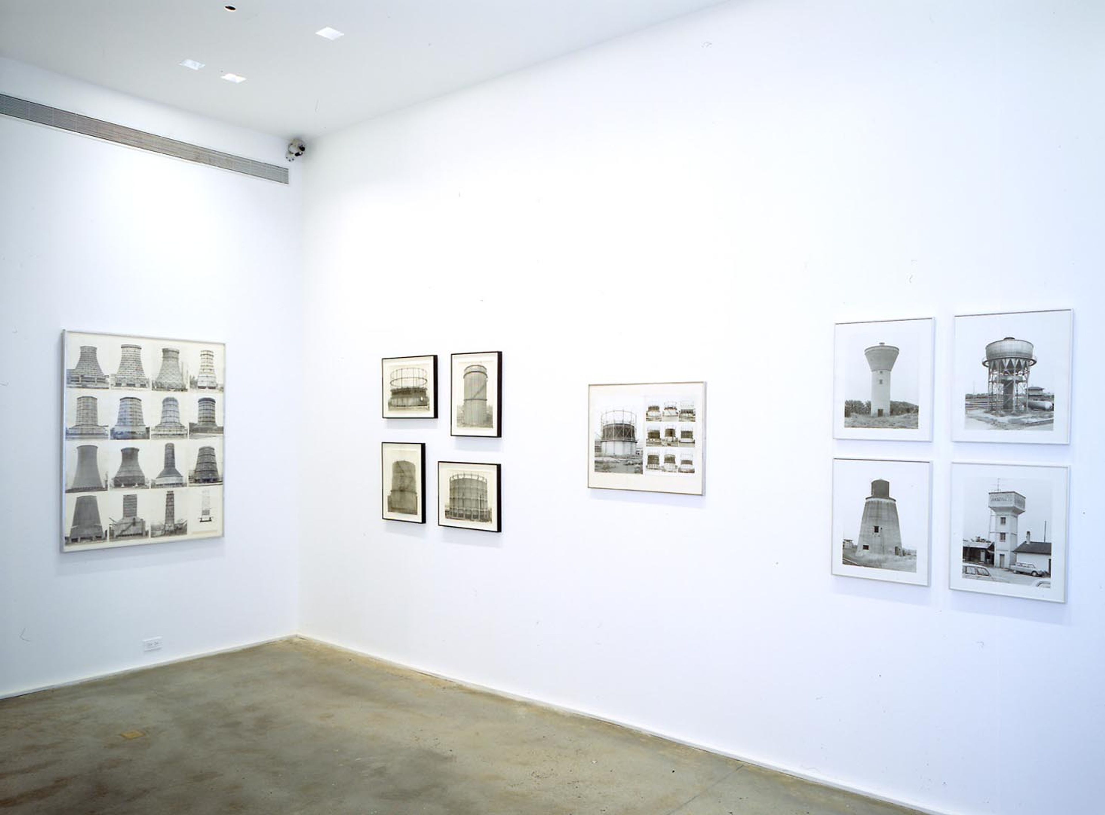 An installation view of the exhibition Bernd &amp; Hilla Belcher: Photographs from the 1960s and 70s, at David Zwirner New York, dated 2001.