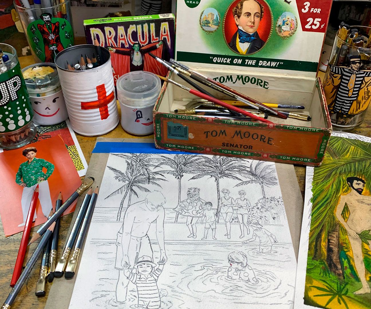 A photograph of Marcel Dzama's studio, dated 2020.