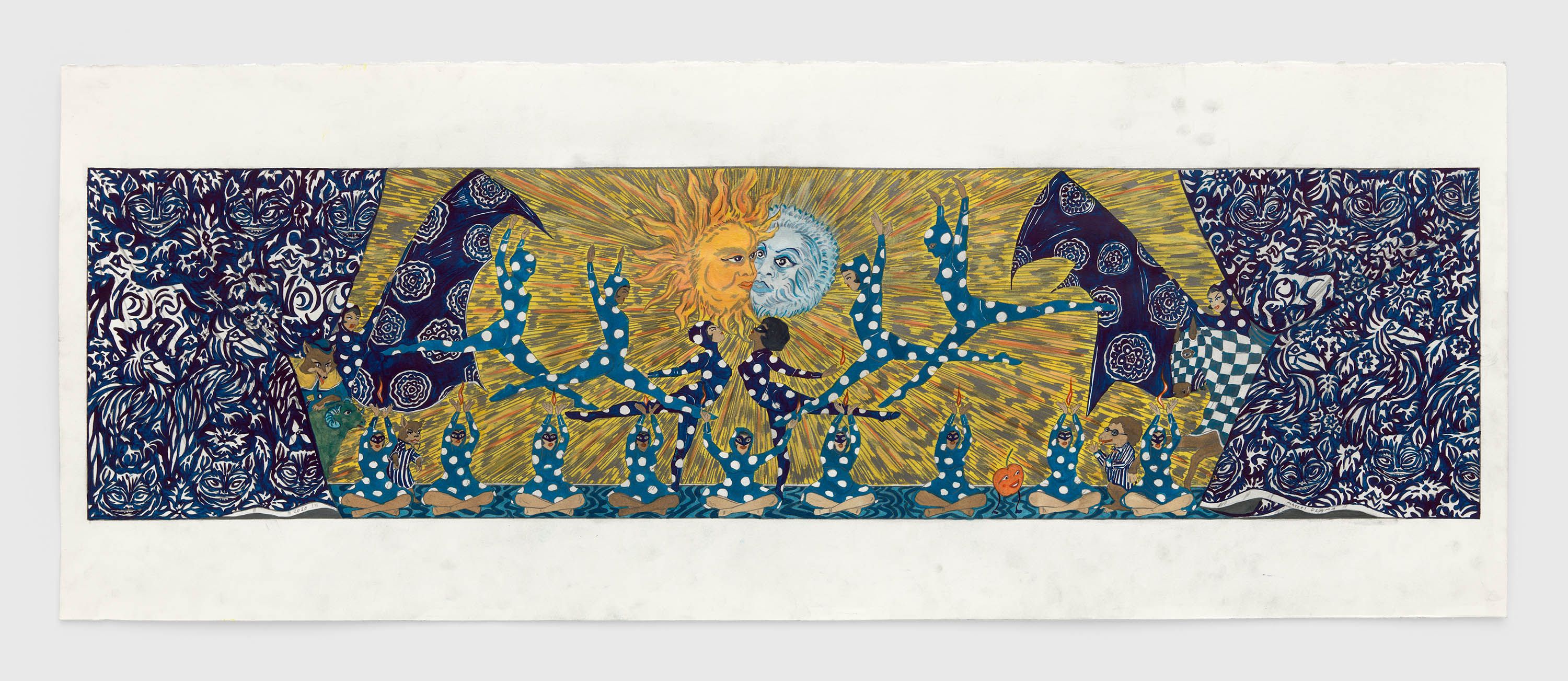 A mixed media artwork by Marcel Dzama, titled It all comes together again, dated 2020 to 2021.