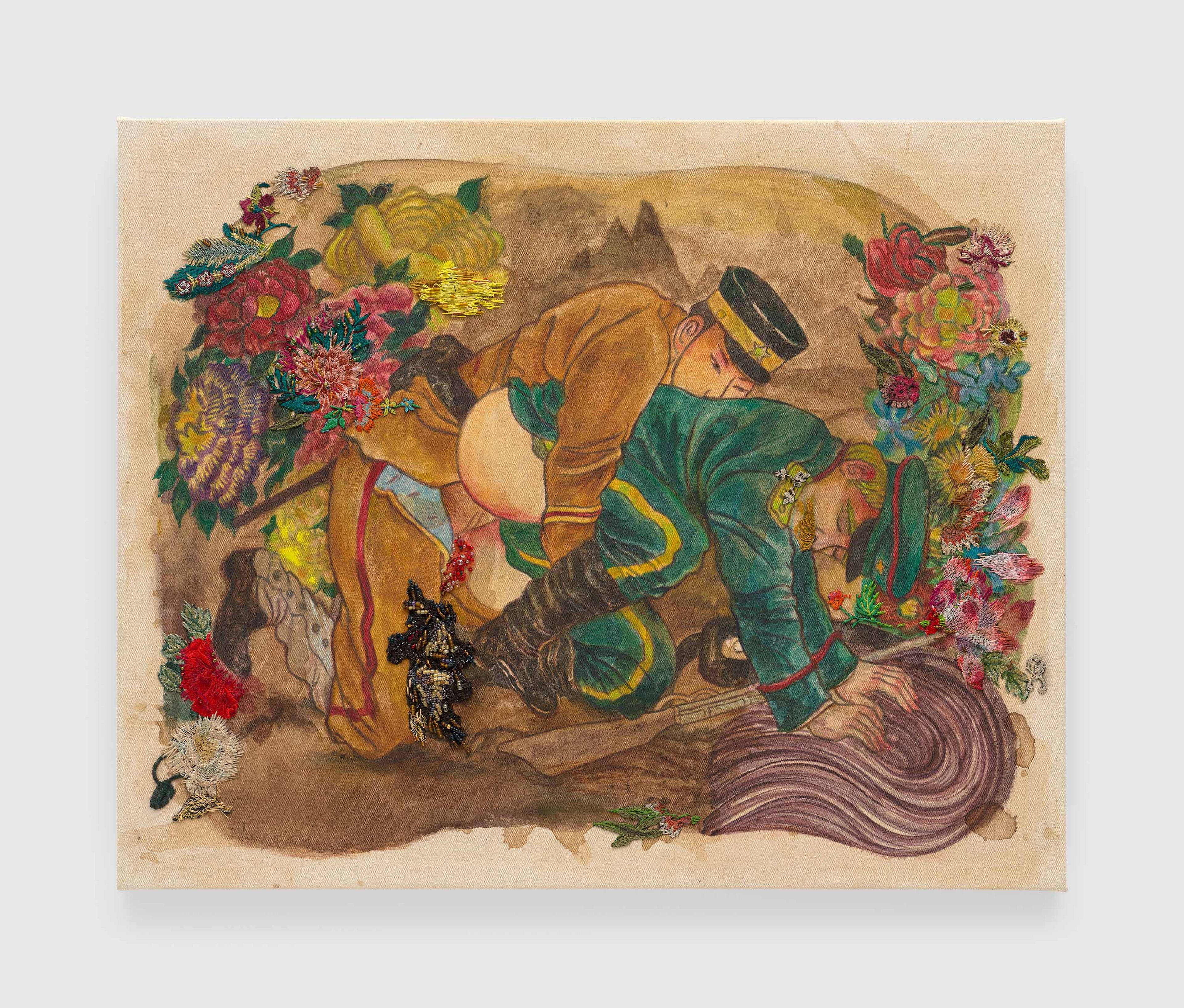 A mixed media work by Ken Gun Min, titled International Affairs 1904, dated 2025.