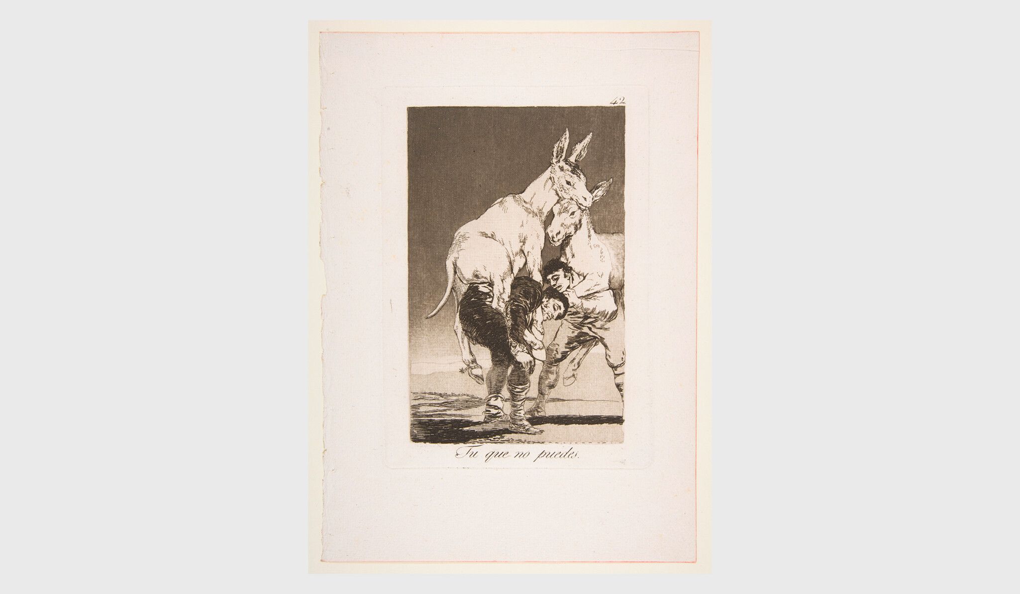 A drawing titled Thou who canst not (Tu que no puedes.), plate 42 from Los Caprichos by Francisco de Goya y Lucientes, dated 1799
