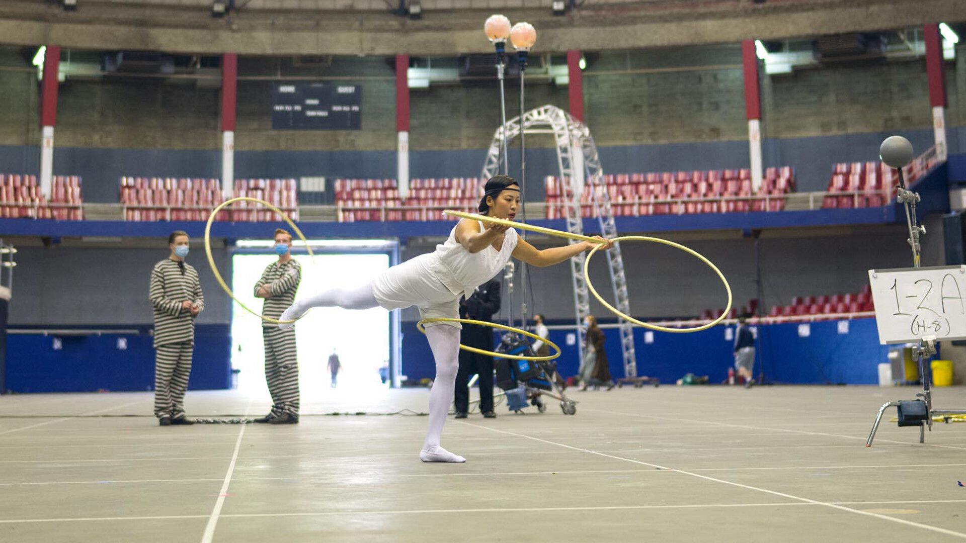 An image of actors on set at the PNE Agrodome in 2020. Photo by Evaan Kheraj