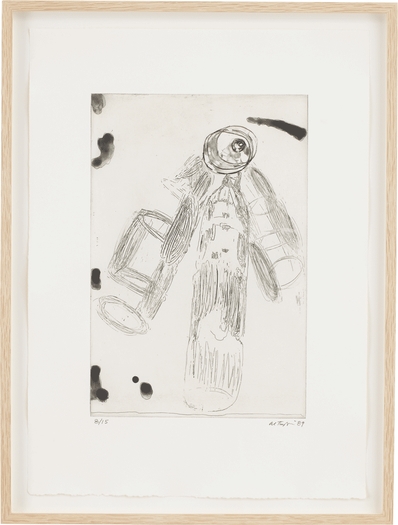 A mixed media work on paper by Al Taylor, titled "Bottled Water" from Ten Common (Hawaiian Household) Objects﻿﻿, dated 1989.