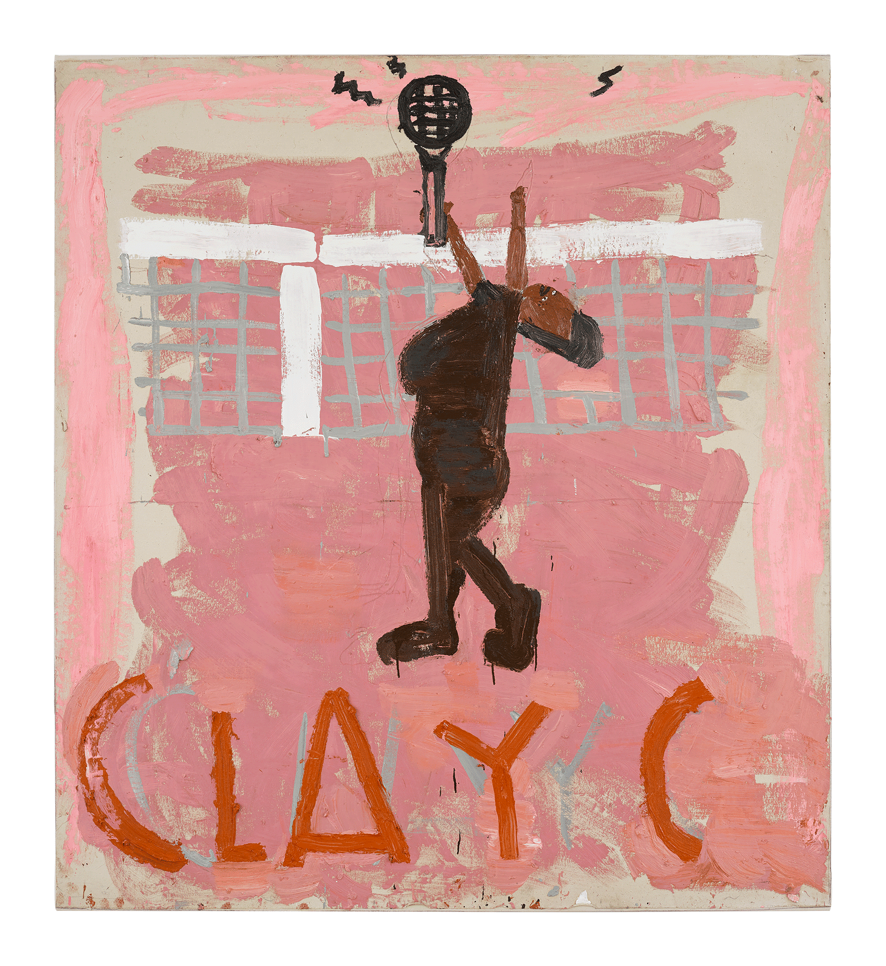 An oil painting on canvas by Rose Wylie, titled Clay Court, dated 2019.