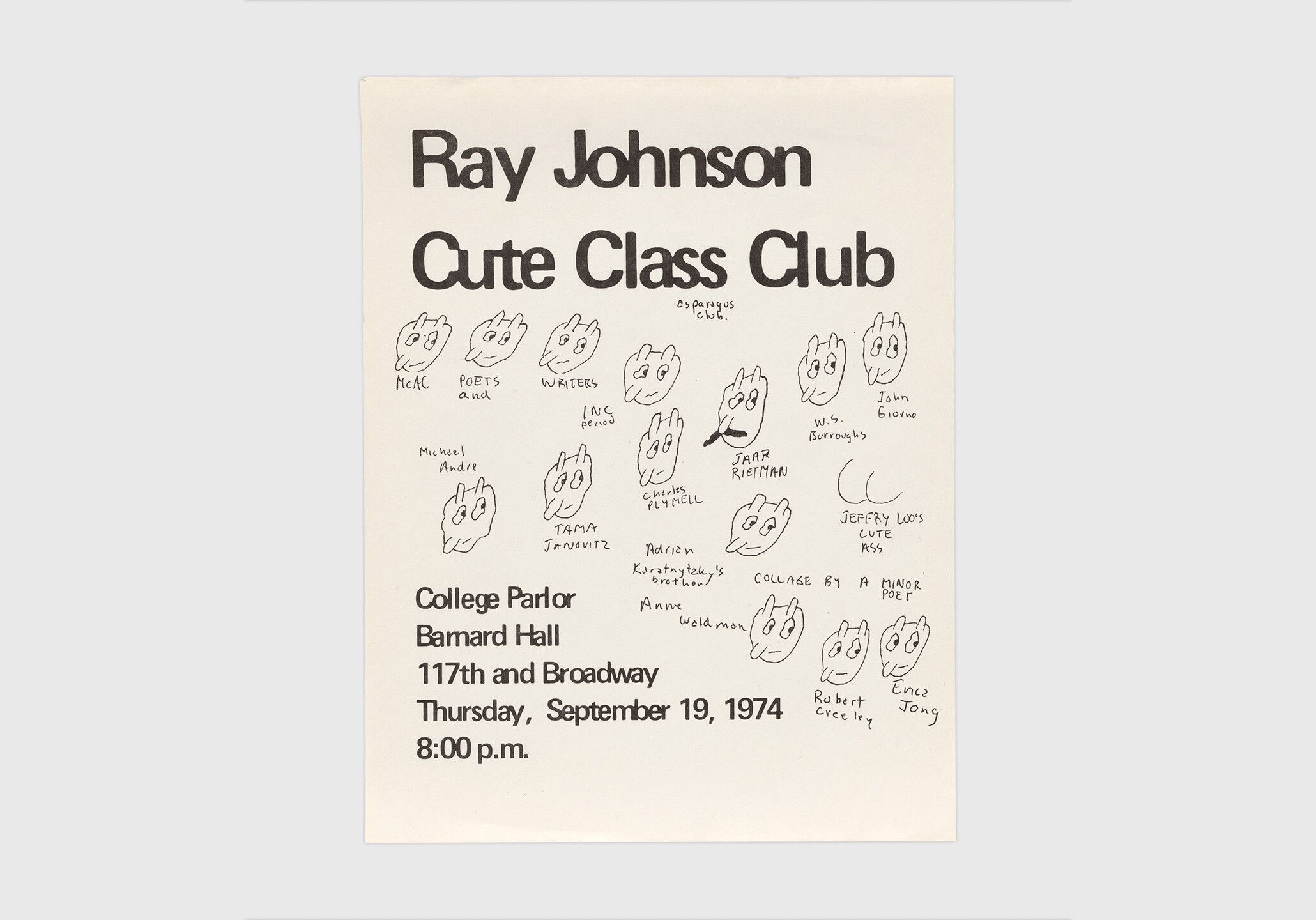 An untitled Xerox on copy paper by Ray Johnson, titled CUTE CLASS CLUB.
