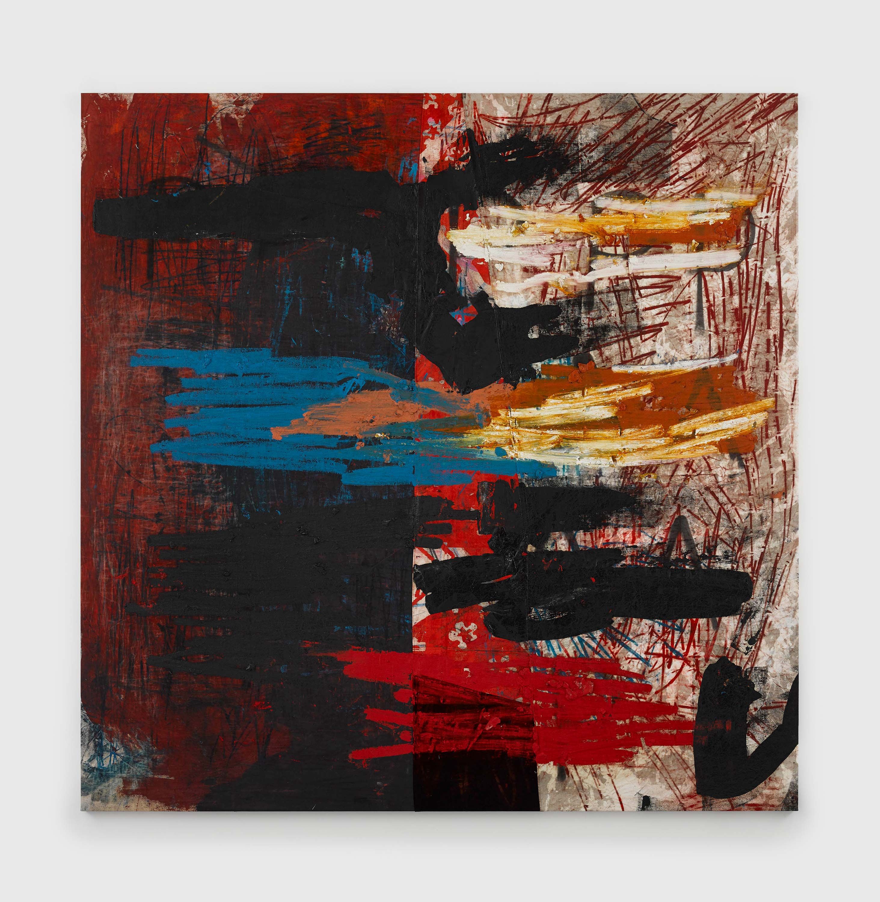 A painting by Oscar Murillo, titled manifestation, dated 2019.