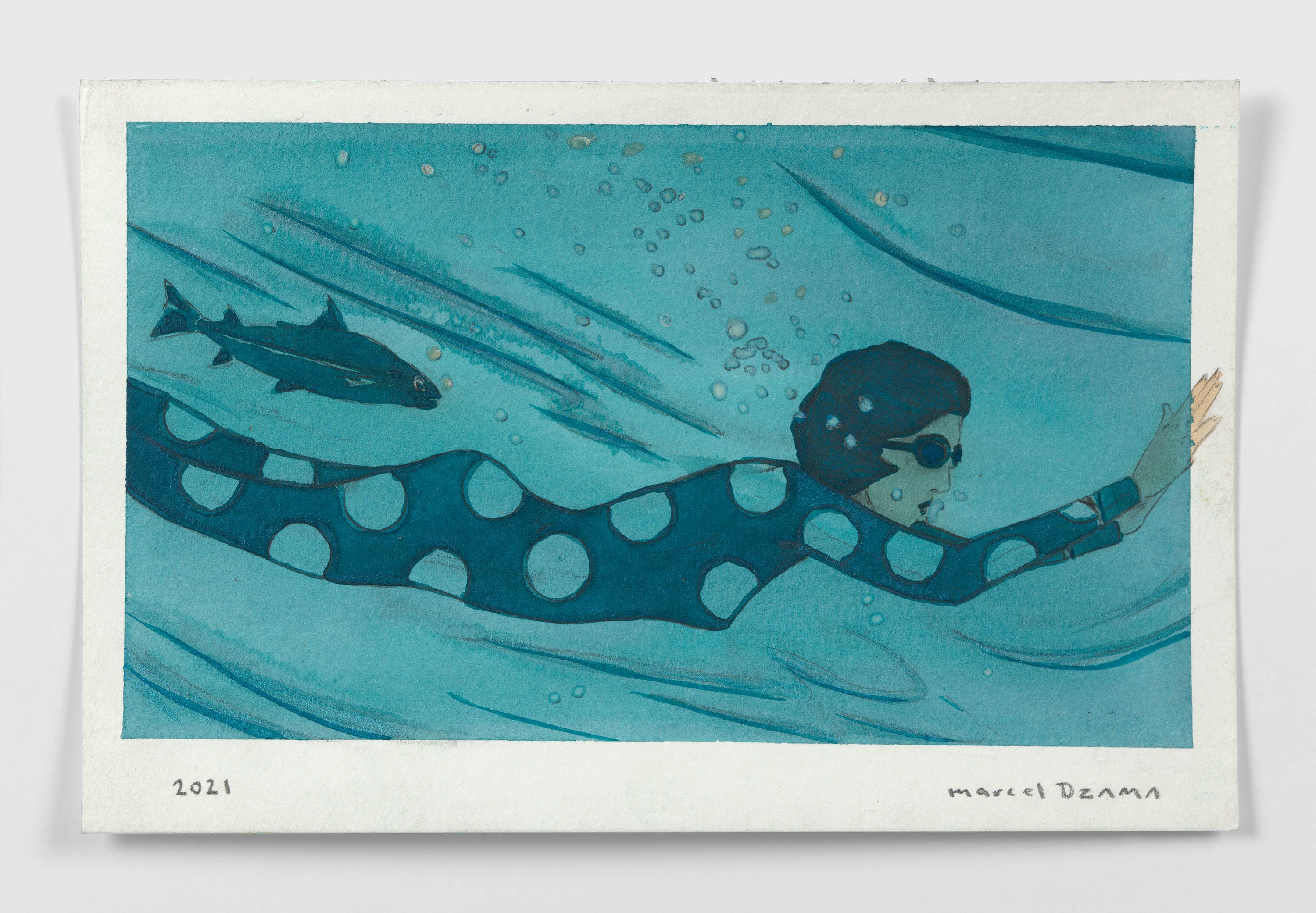 A mixed media artwork by Marcel Dzama, titled Dive, dated 2021.