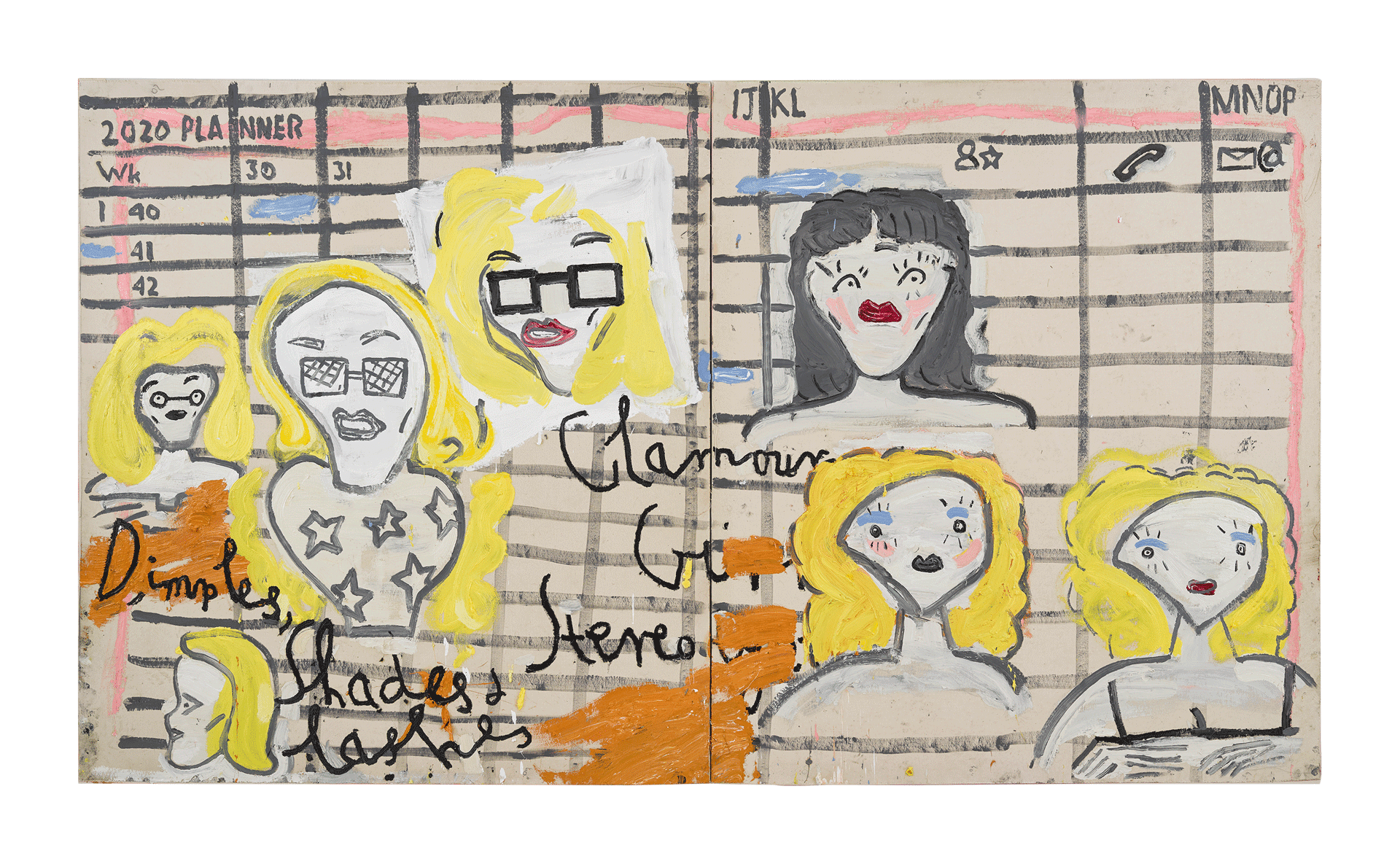 An oil painting in two parts by Rose Wylie, titled Glamour Girl Stereotype, Shades and Lashes, dated 2019.