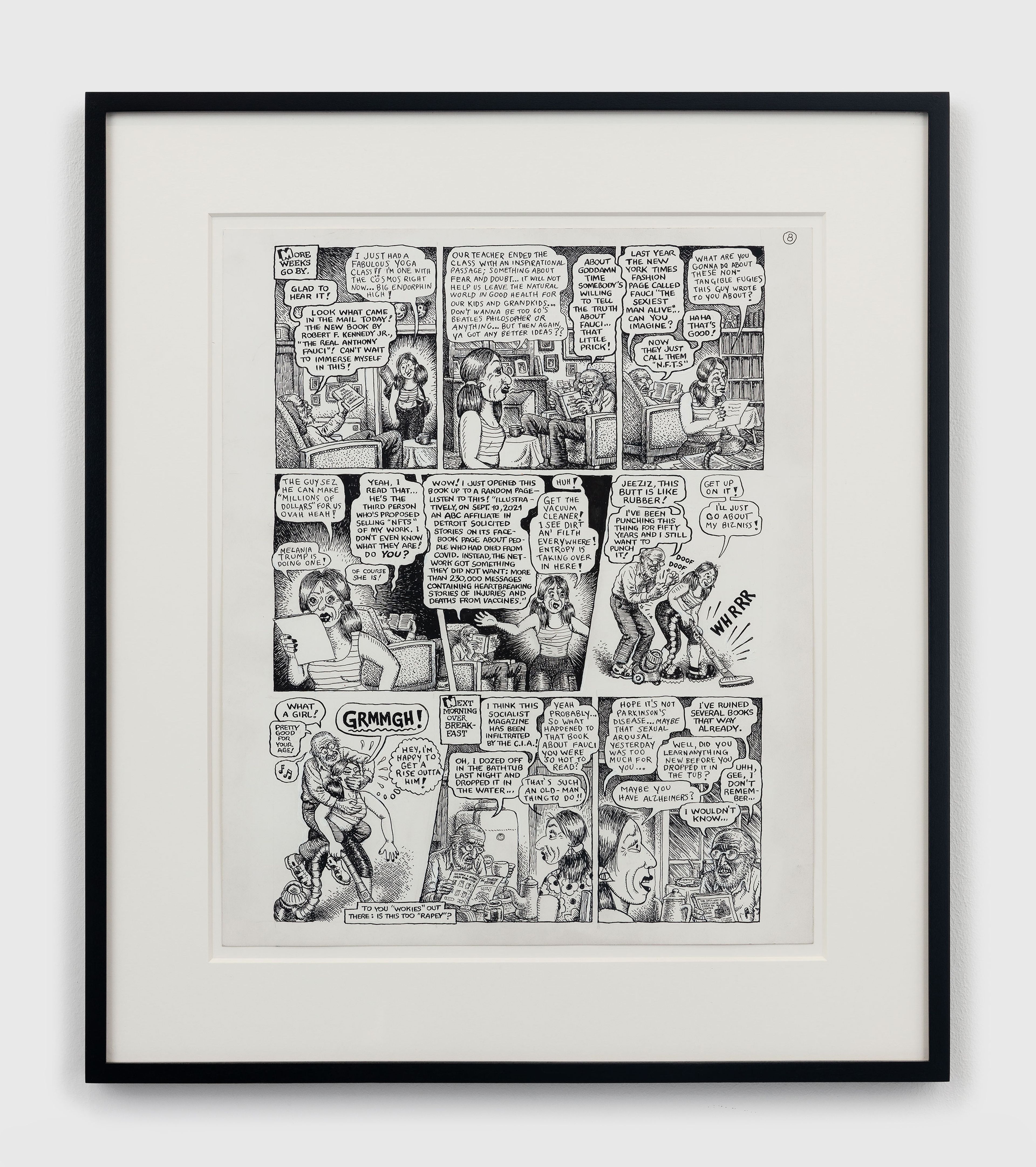A 10-page ink and correction fluid on paper artwork by Aline Kominsky-Crumb and R. Crumb, titled Crumb Family Covid Exposé, dated 2021.