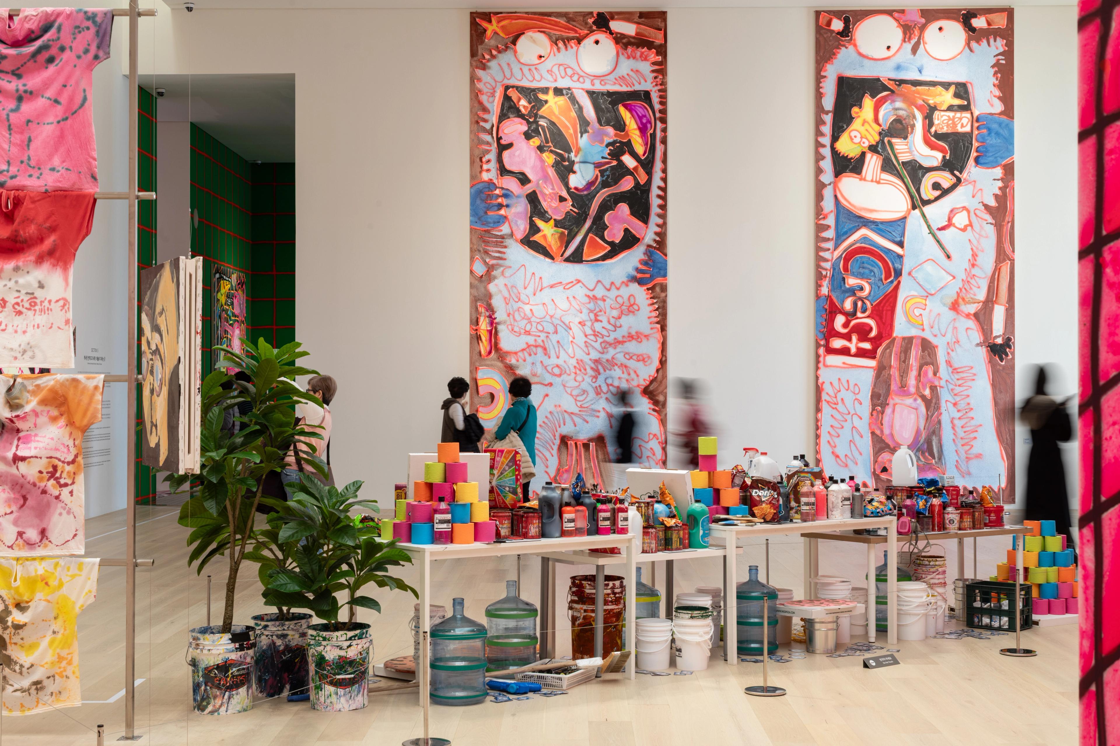 Installation view of the exhibition Inside the Studio: Katherine Bernhardt's Universe, at Gangneung Art Museum located in Sorol, Korea, dated 2025-2026.