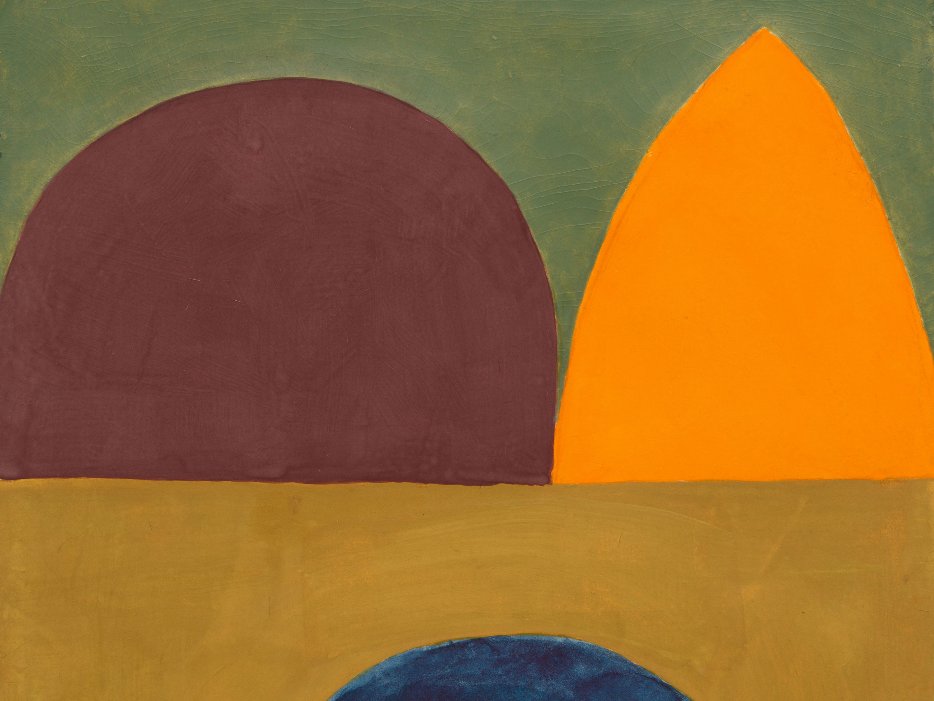 A detail from a work on paper by Suzan Frecon, titled indigo yellow purple orange green composition, dated 2024.