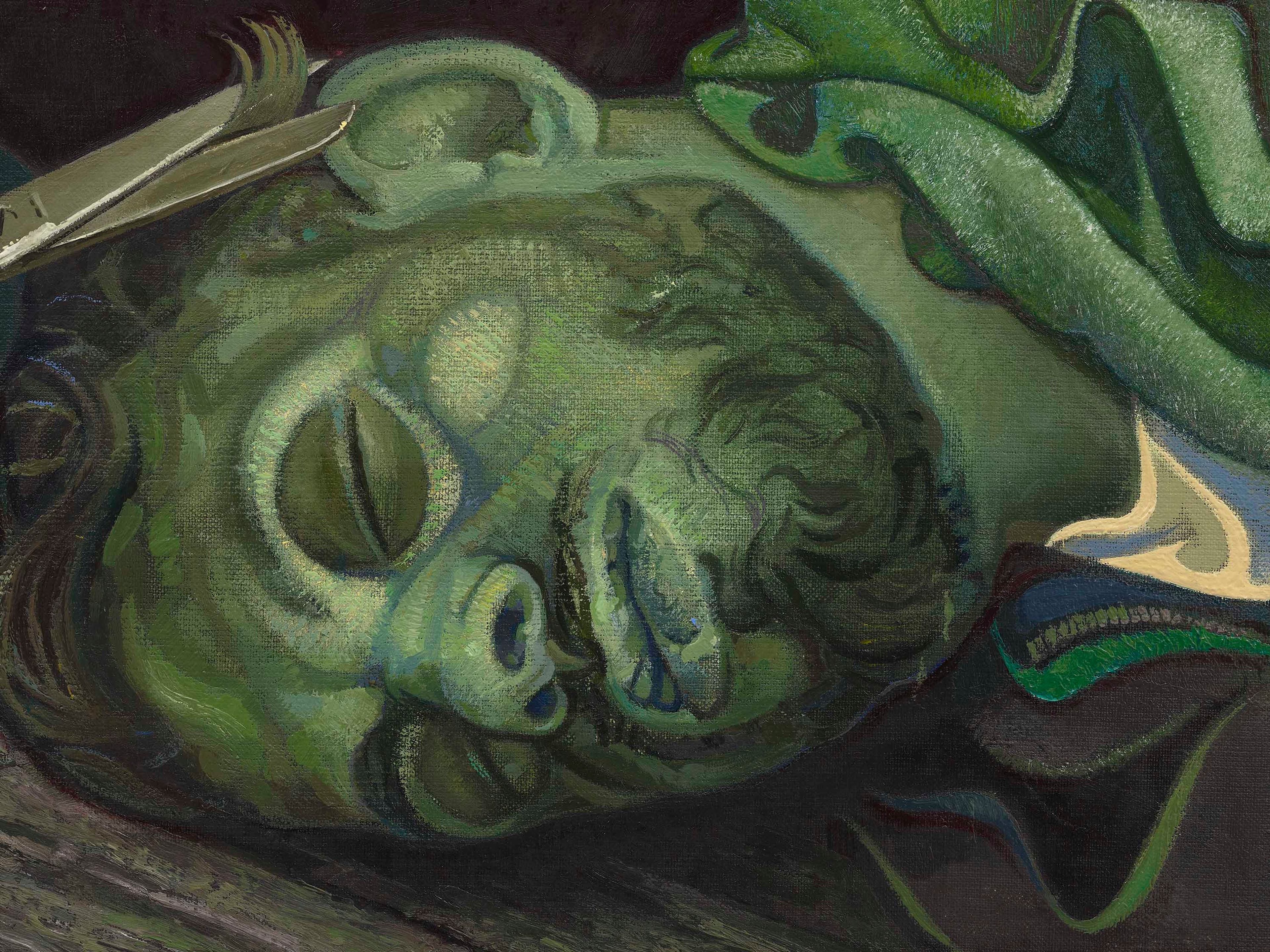 A detail from a painting by Victor Man, titled Ladro Dormente, dated 2024.