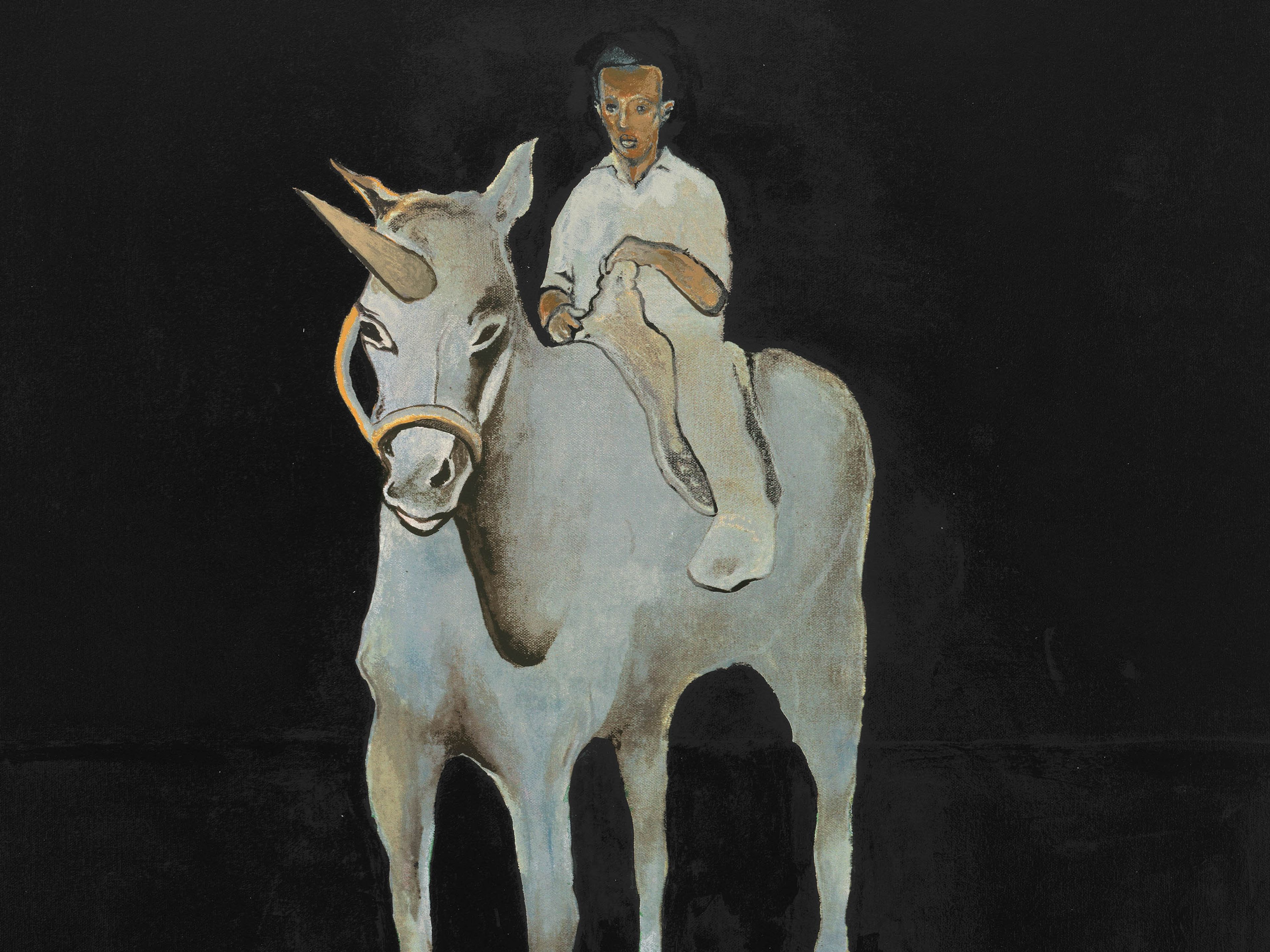 A detail from a print by Noah Davis, titled 40 Acres and a Unicorn, dated 2026.