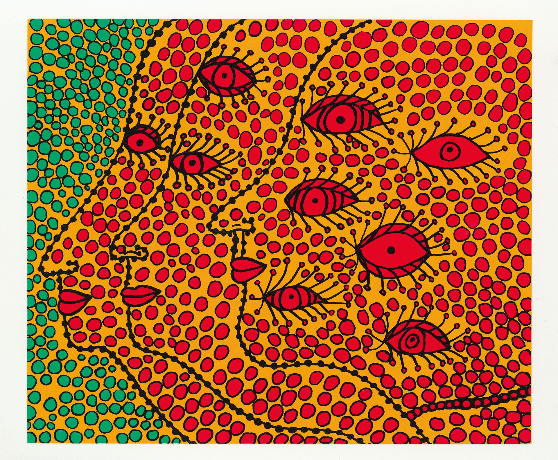 A silkscreen print and etching on Moulin de Larroque paper by Yayoi Kusama, titled Seeking the Soul, dated 2012.