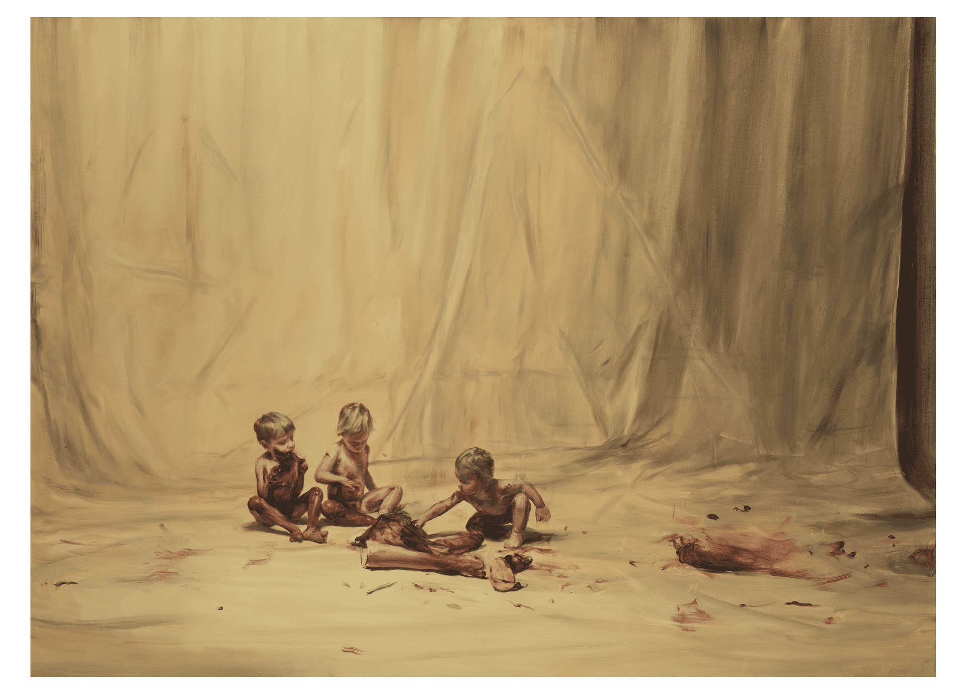 A painting by Michaël Borremans, titled Fire From the Sun (Three Figures, One Head, Four Limbs), dated 2017.