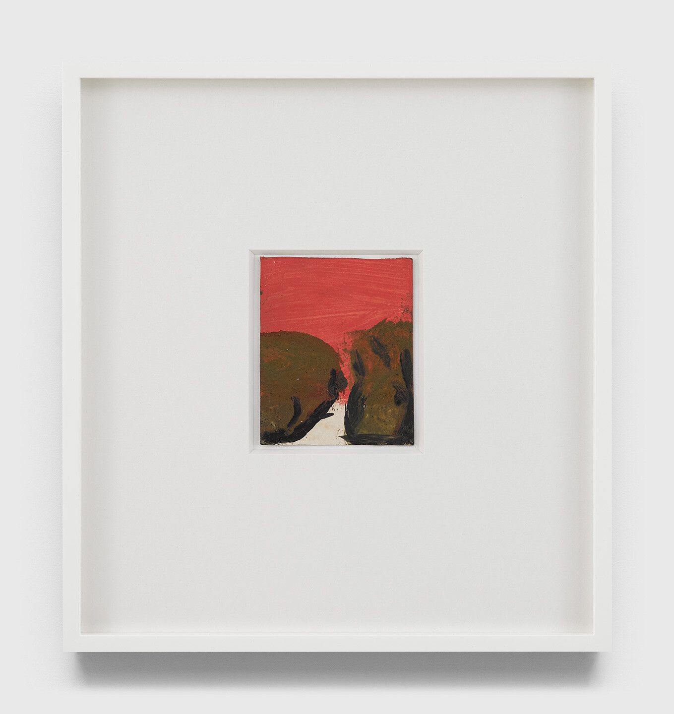 An undated oil painting on Polaroid film cartridge box by Frank Walter, titled Untitled (Hurricane sky, two brown trees).
