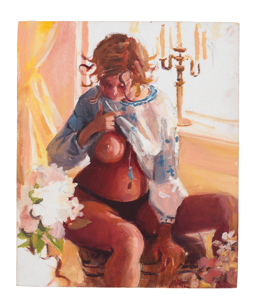 A painting by Lisa Yuskavage, titled Northview Peasant Shirt, dated 2000.