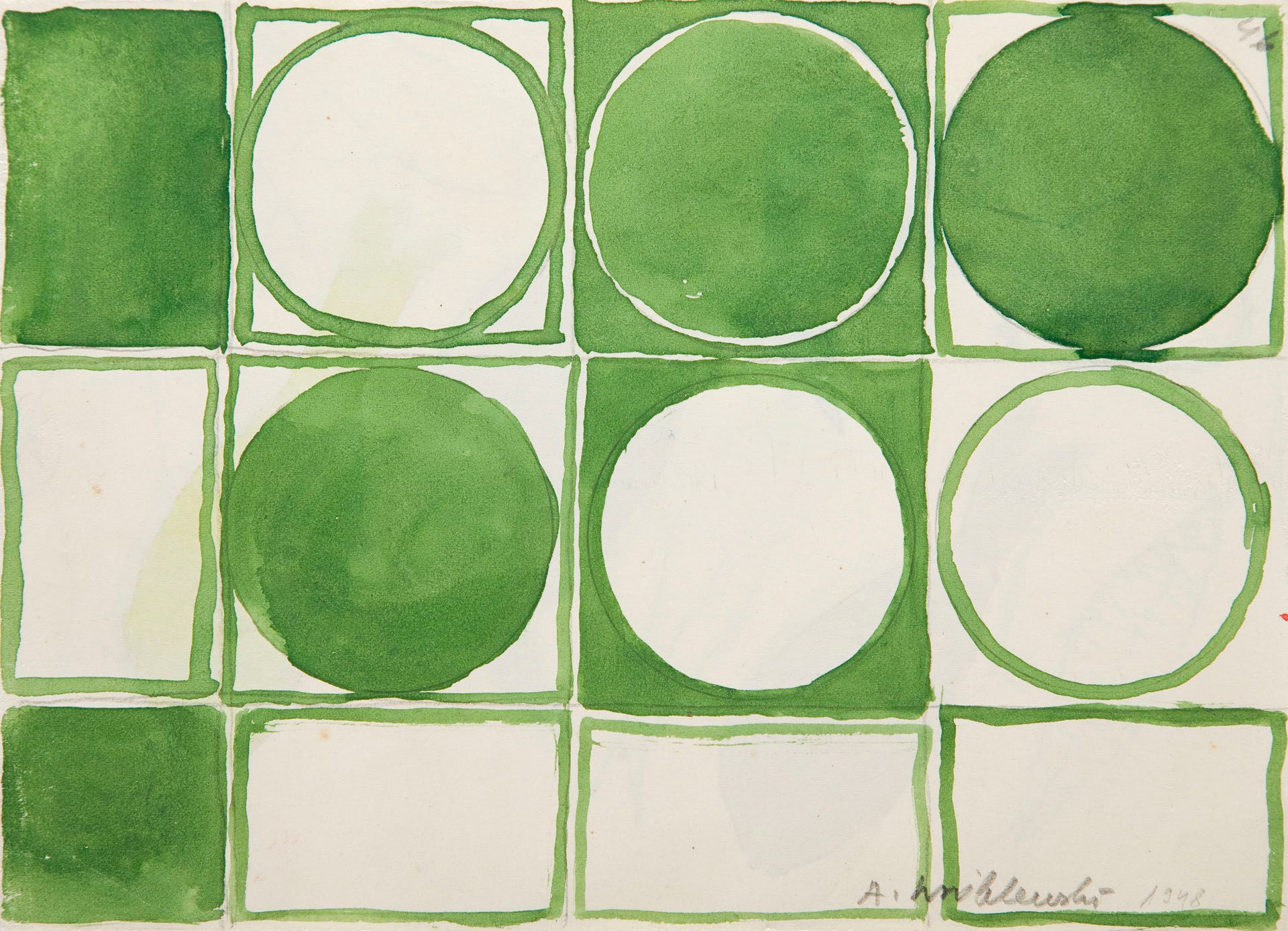 A work on paper by Andrzej Wroblewski, titled [Abstract Composition in Green, Abstract Composition no. 46], not dated. 