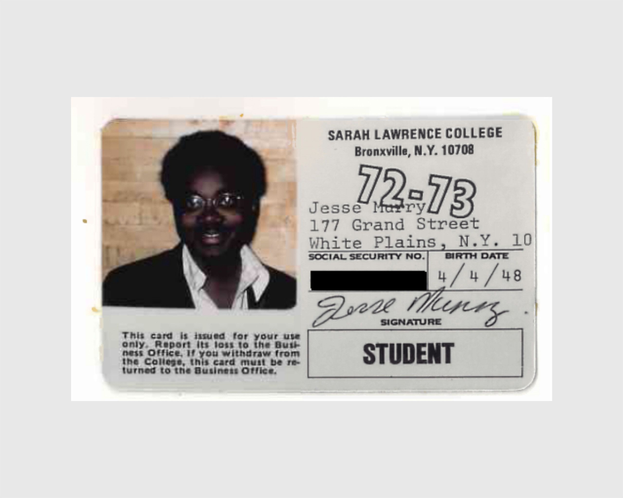 Jesse Murry's student ID at Sarah Lawrence College, NY