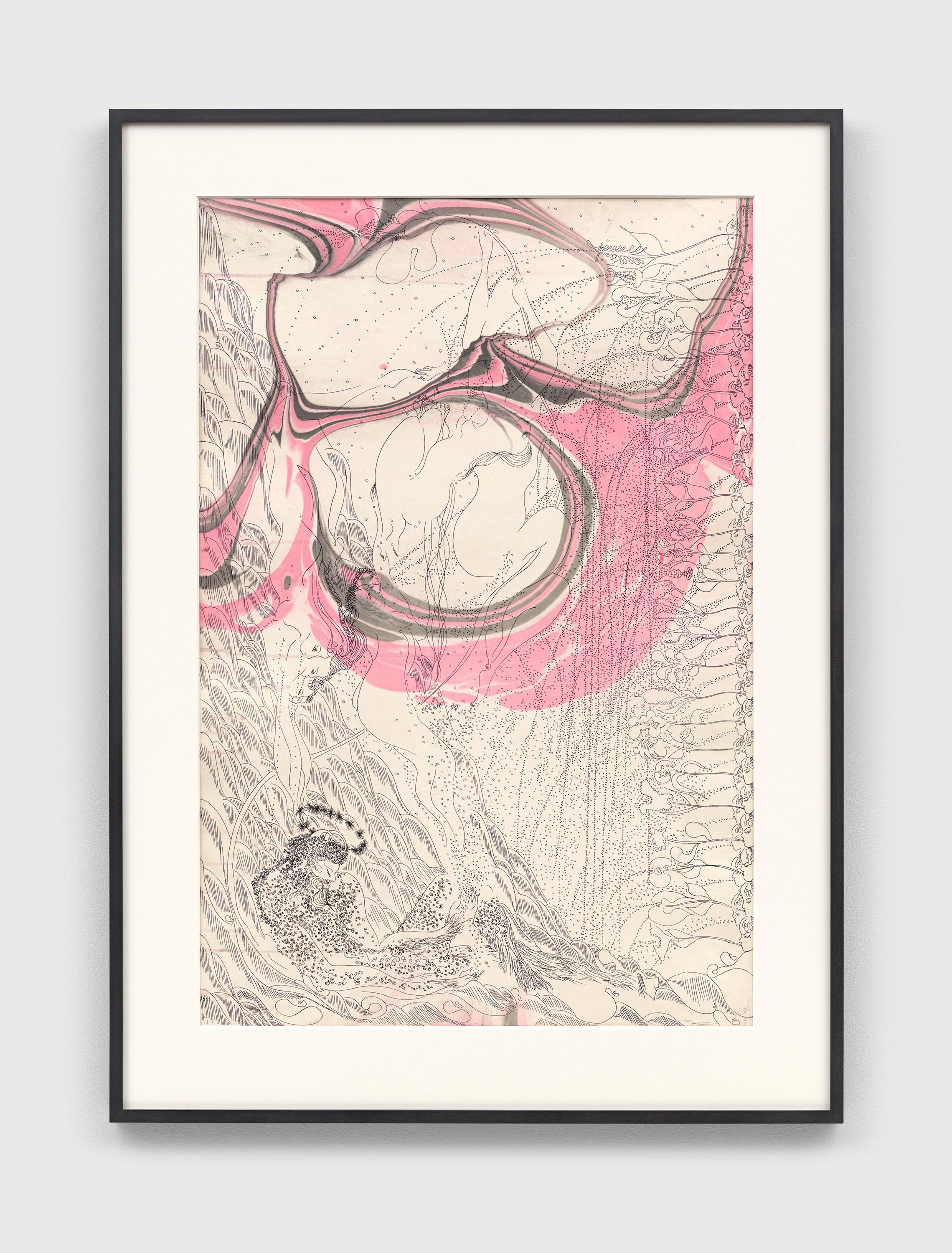 An etching on Suminagashi painting by Chris Ofili, titled Pink Afternoon, dated 2021.