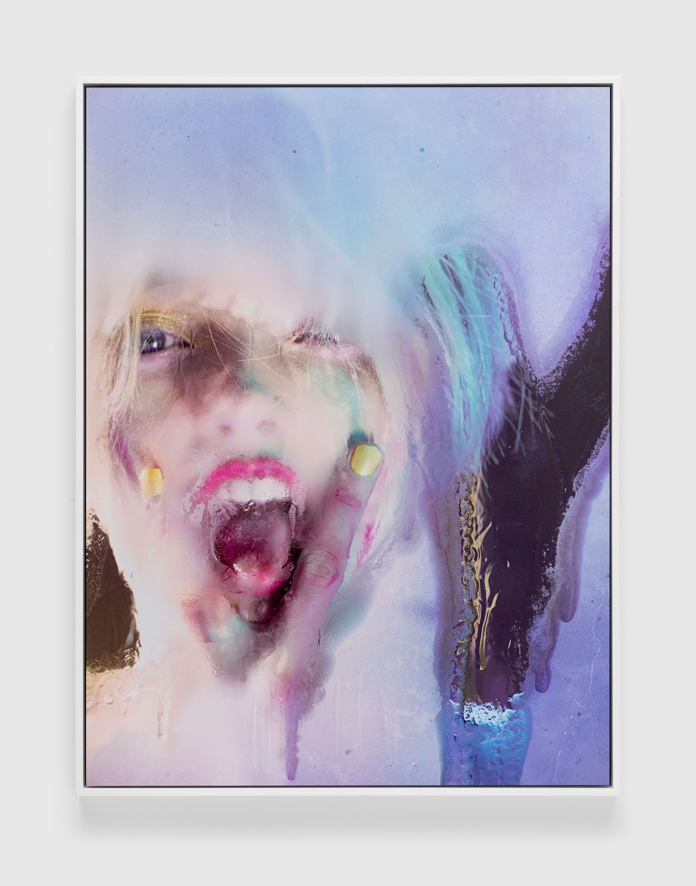 A dye sublimation print by Marilyn Minter, titled Canary, dated 2019.